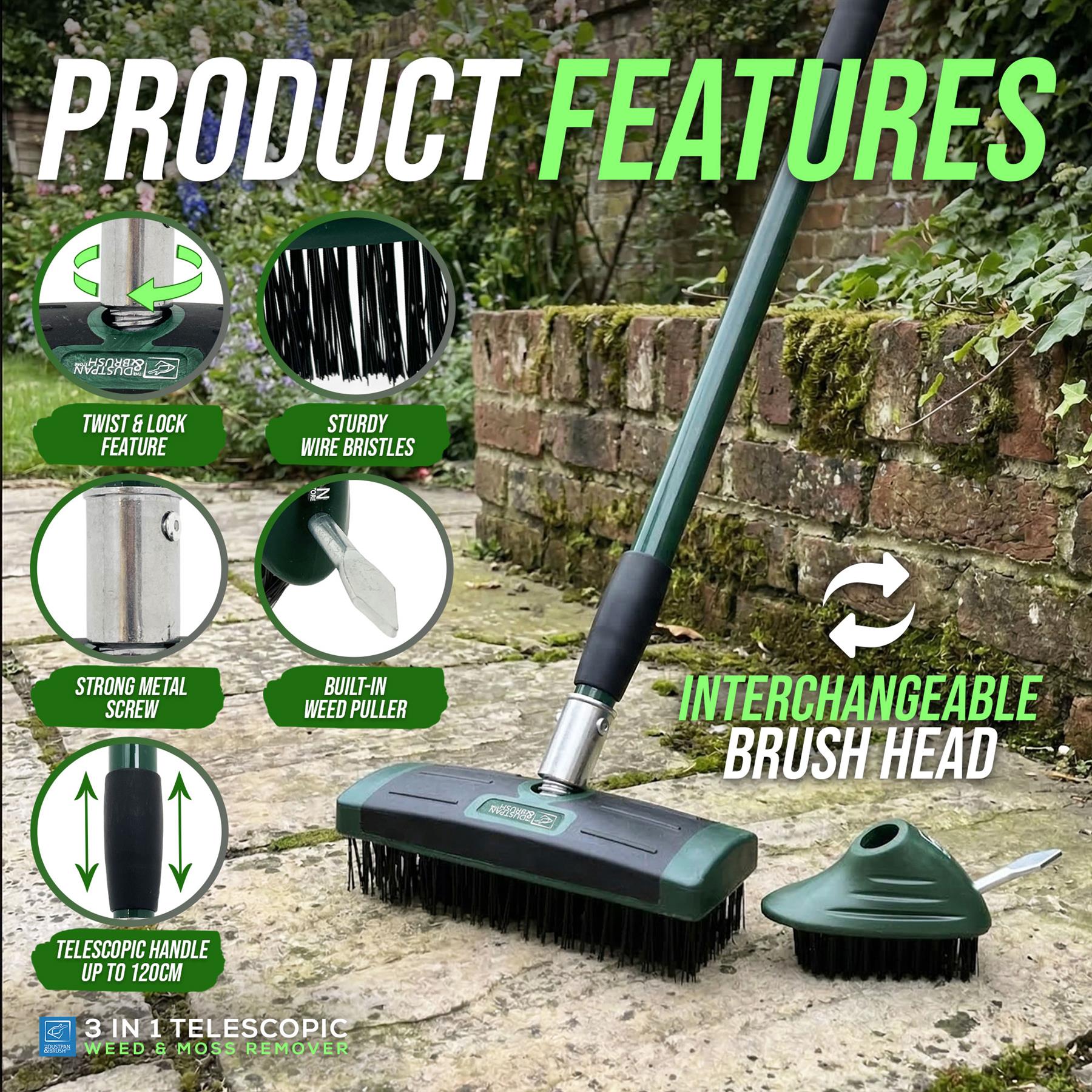 3 in 1 Block Paving Weeding Brush with Telescopic Handle 140cm