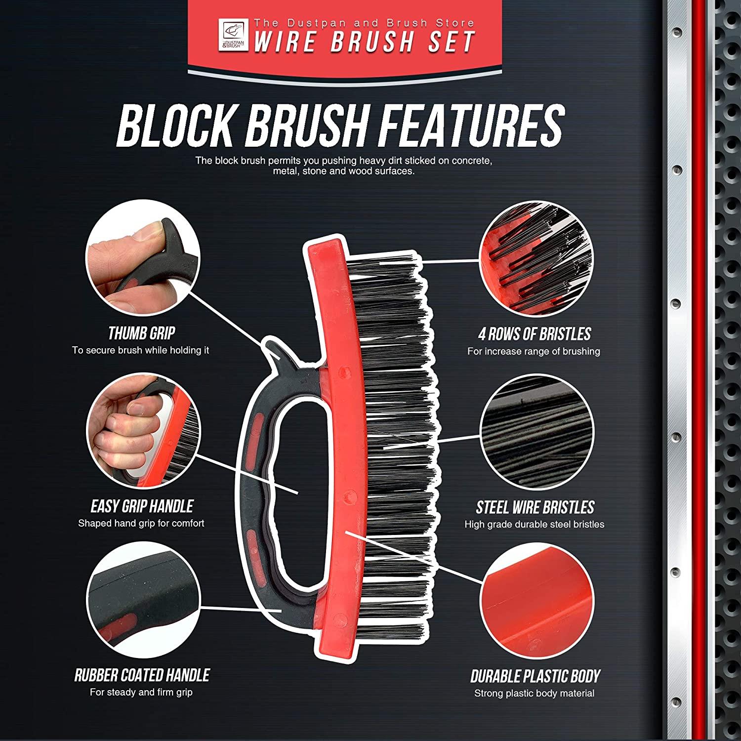 Wire Brush Set with Rubber Grip Handles | Heavy Duty Steel Brushes