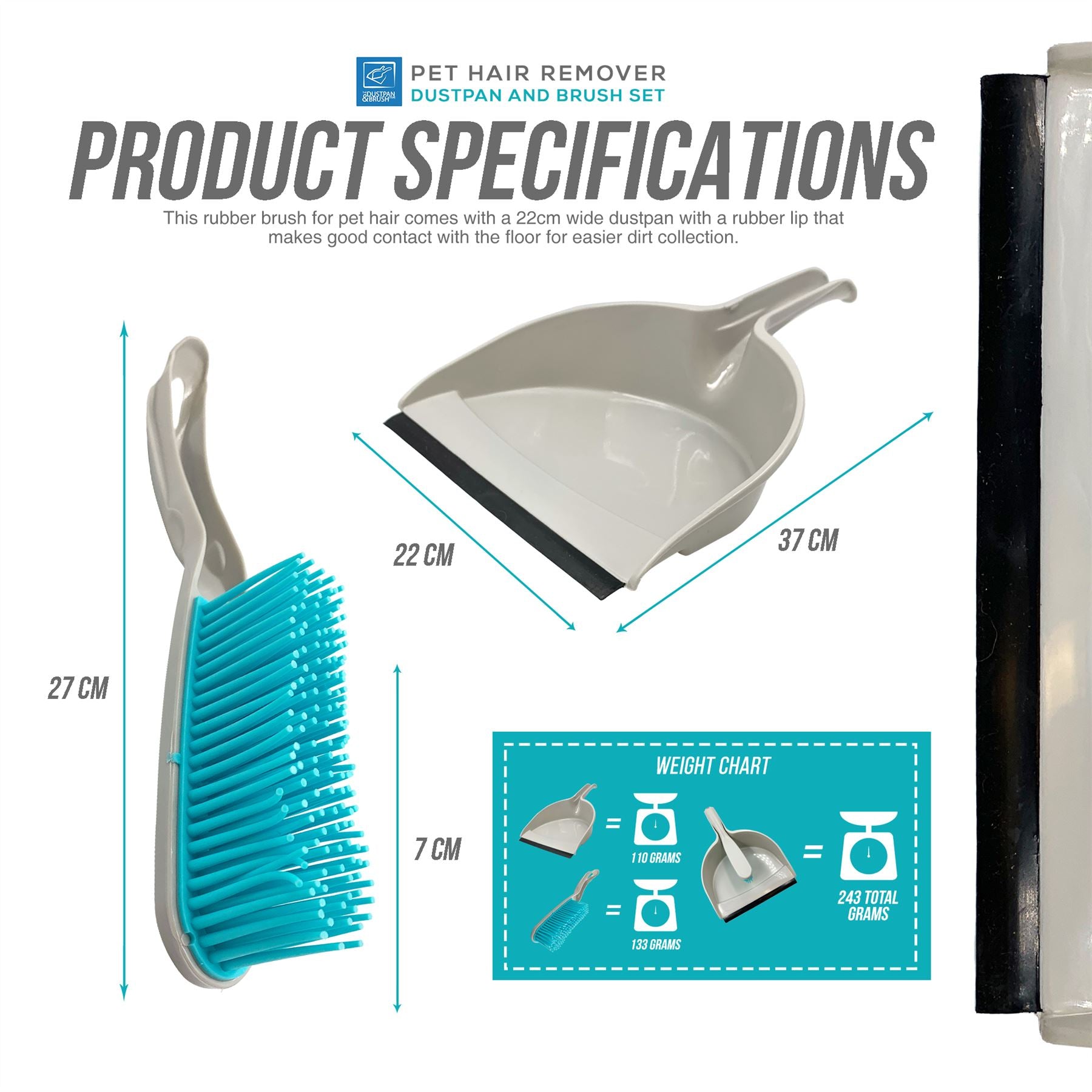 Rubber Dustpan and Brush Set for Pet Hair, Carpets & Floors
