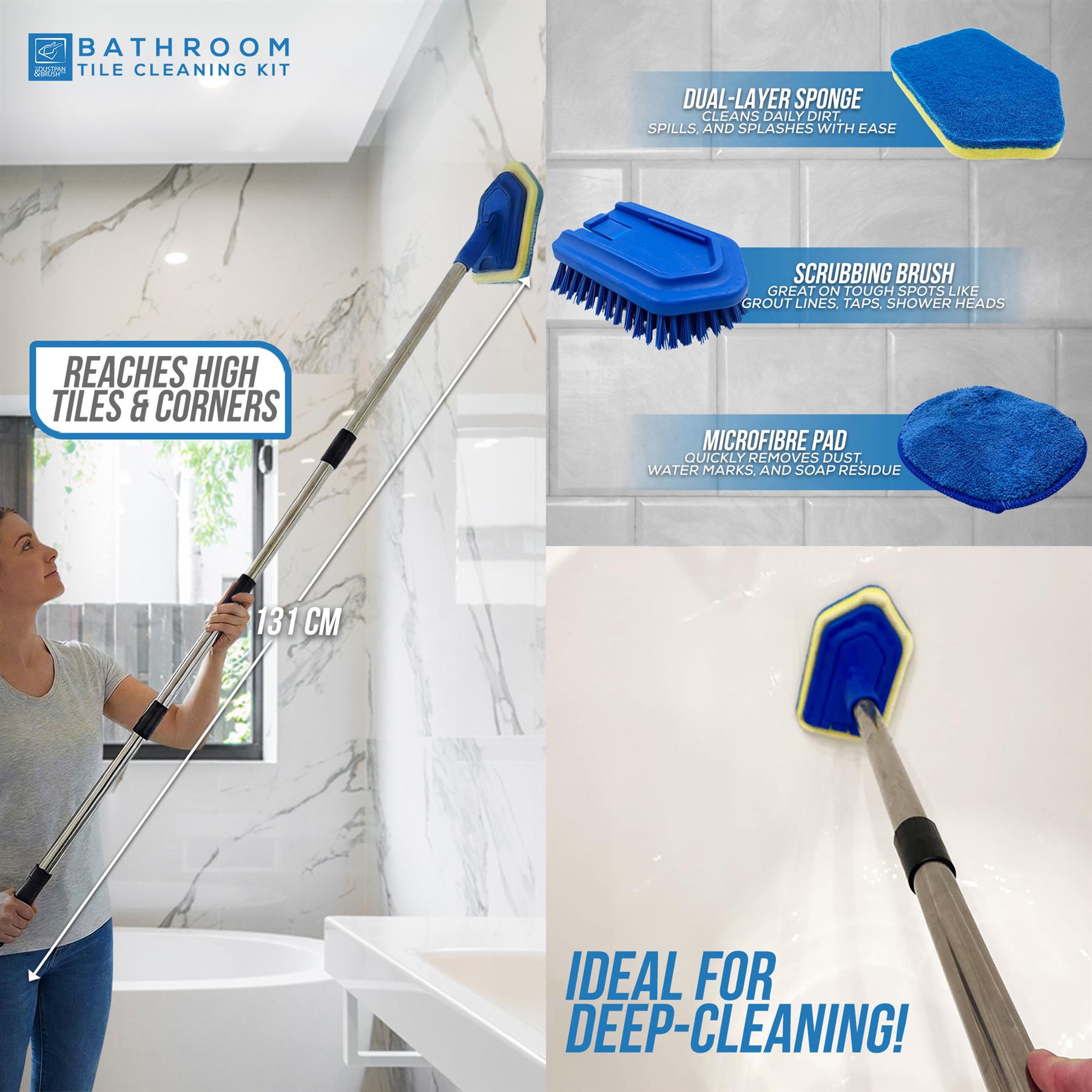 3-in-1 Bathroom Cleaning Set with 4 Piece Long Handle