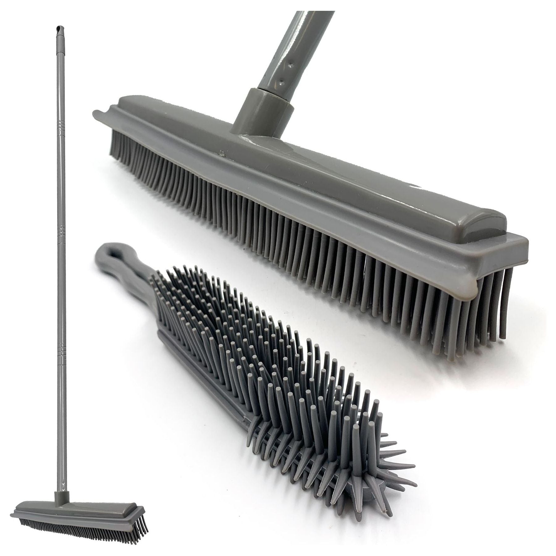 Grey Rubber Broom and Hand Brush Set for Pet Hair