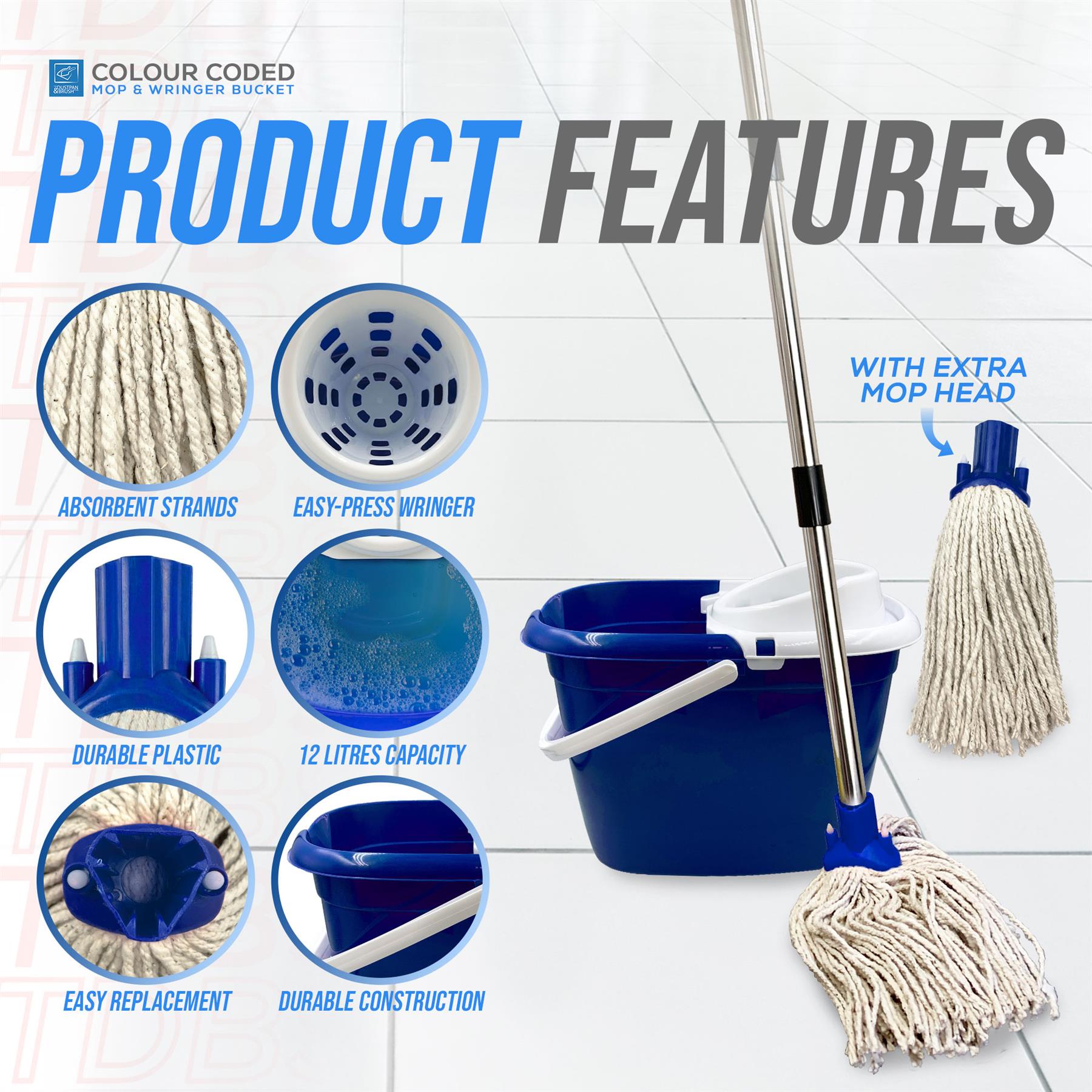 Blue Mop Bucket Set with 2 Cotton Mop Heads & Handle