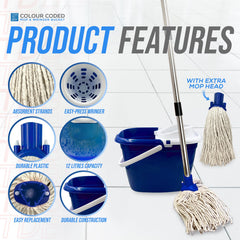 Blue Mop Bucket Set with 2 Cotton Mop Heads & Handle