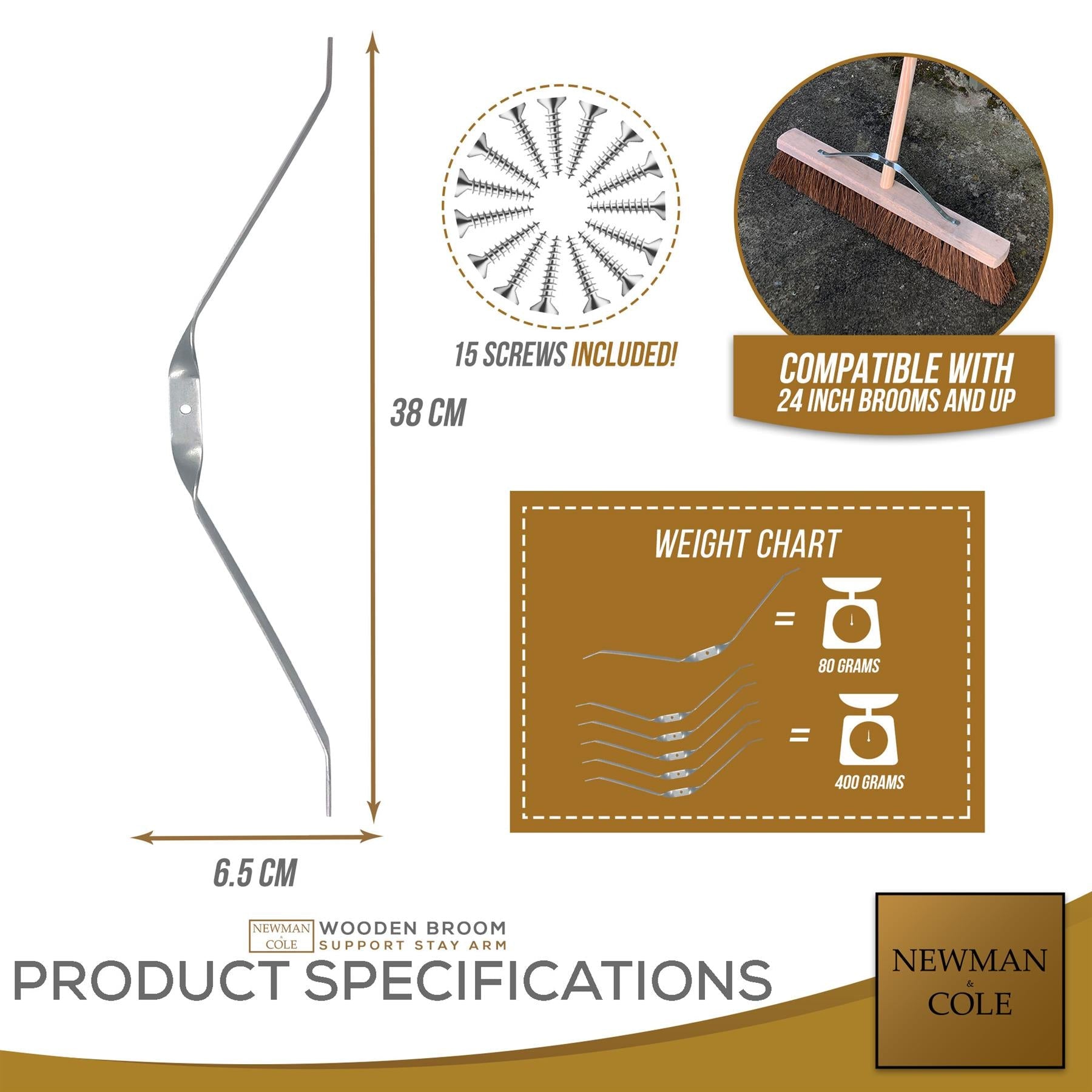 Newman & Cole Metal Broom Stays with Screws | Pack of 5