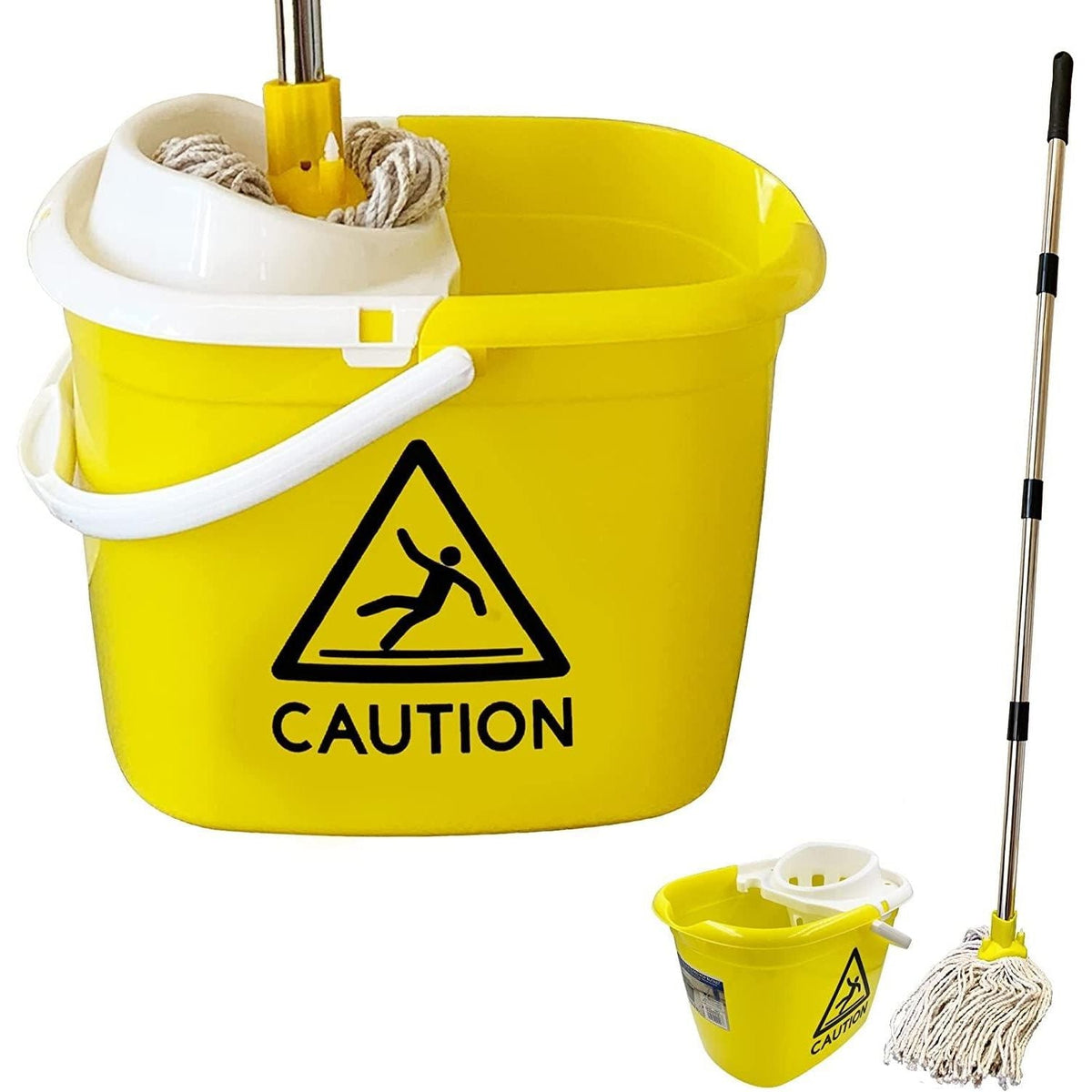 Yellow & White Caution Mop Bucket and Mop Set | 12L