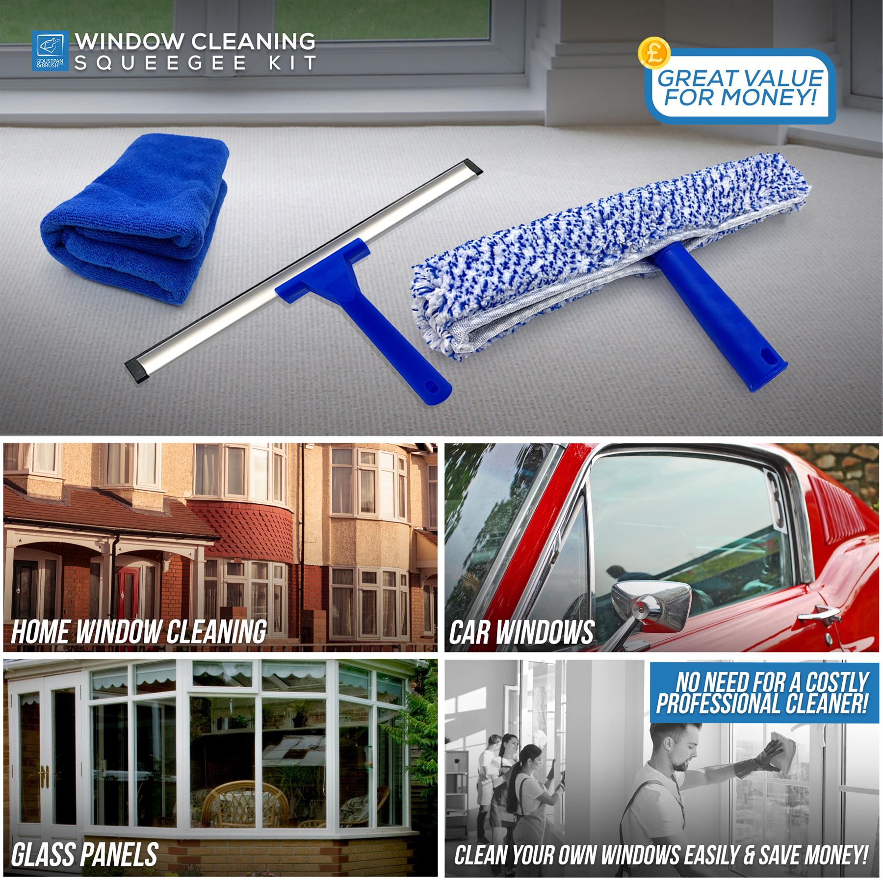 Window Cleaning Squeegee & Applicator Kit with Microfibre Cloth