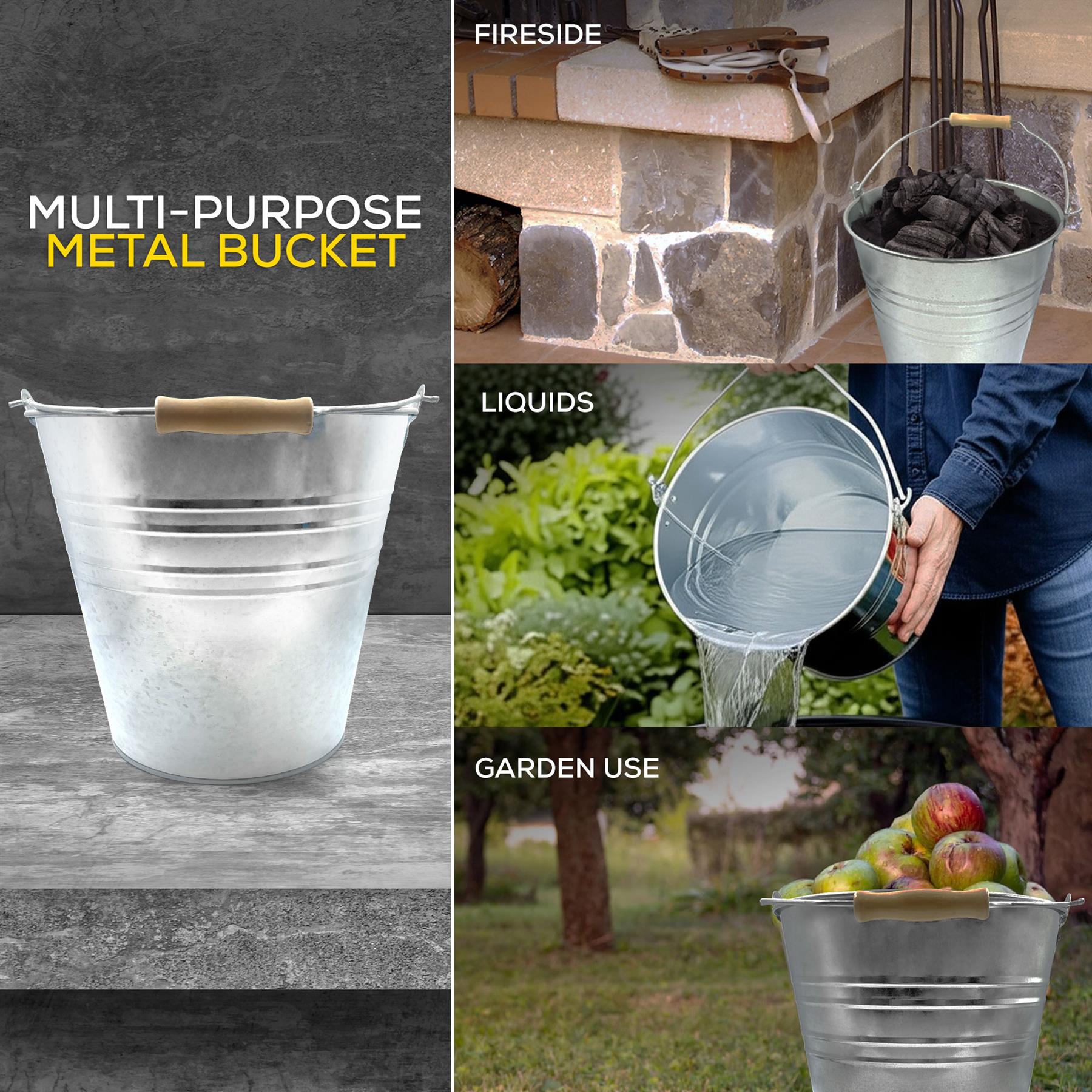 12L Galvanised Steel Bucket with Wooden Handle | Metal Bucket