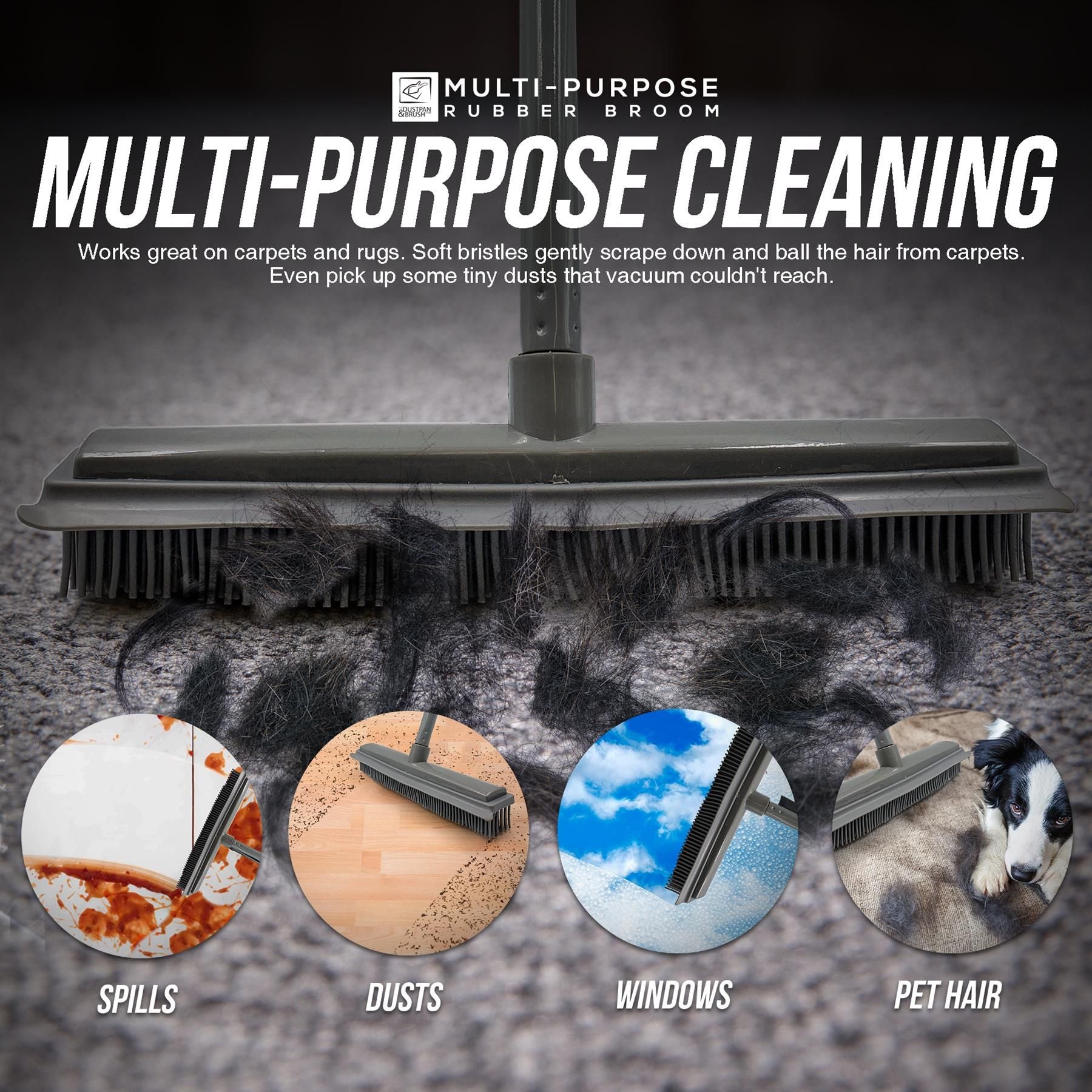 Grey Rubber Broom for Pet Hair & Carpets