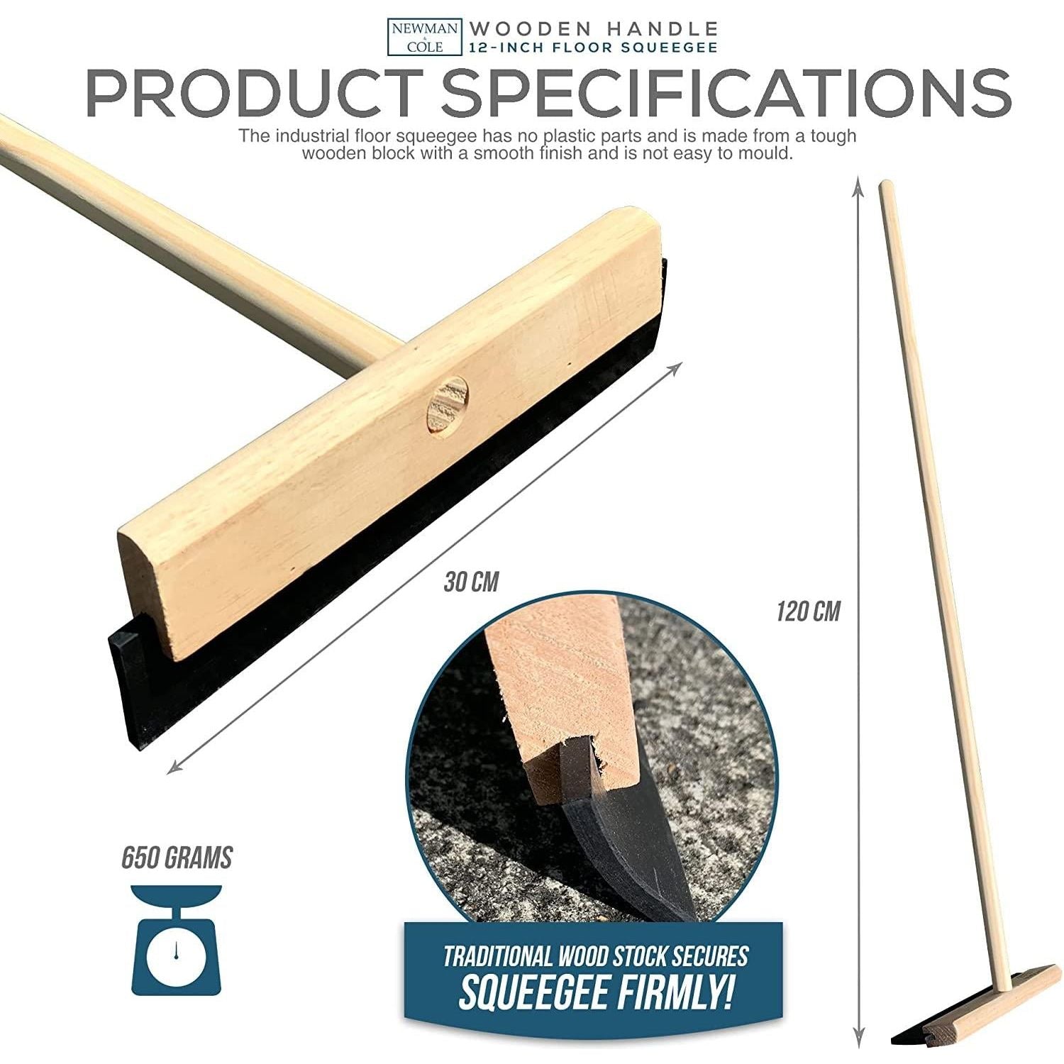 12" Newman and Cole Wooden Rubber Floor Squeegee and Handle