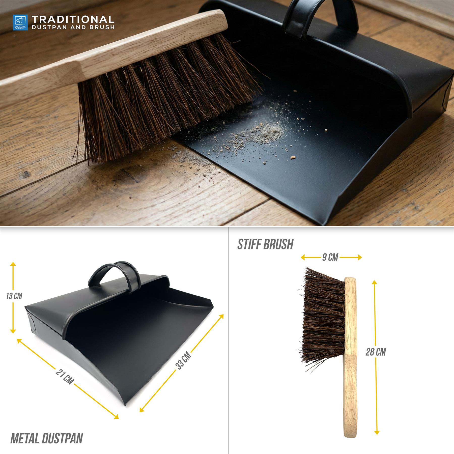 Metal Hooded Dustpan and Brush Set – Heavy Duty Stiff Hand Brush