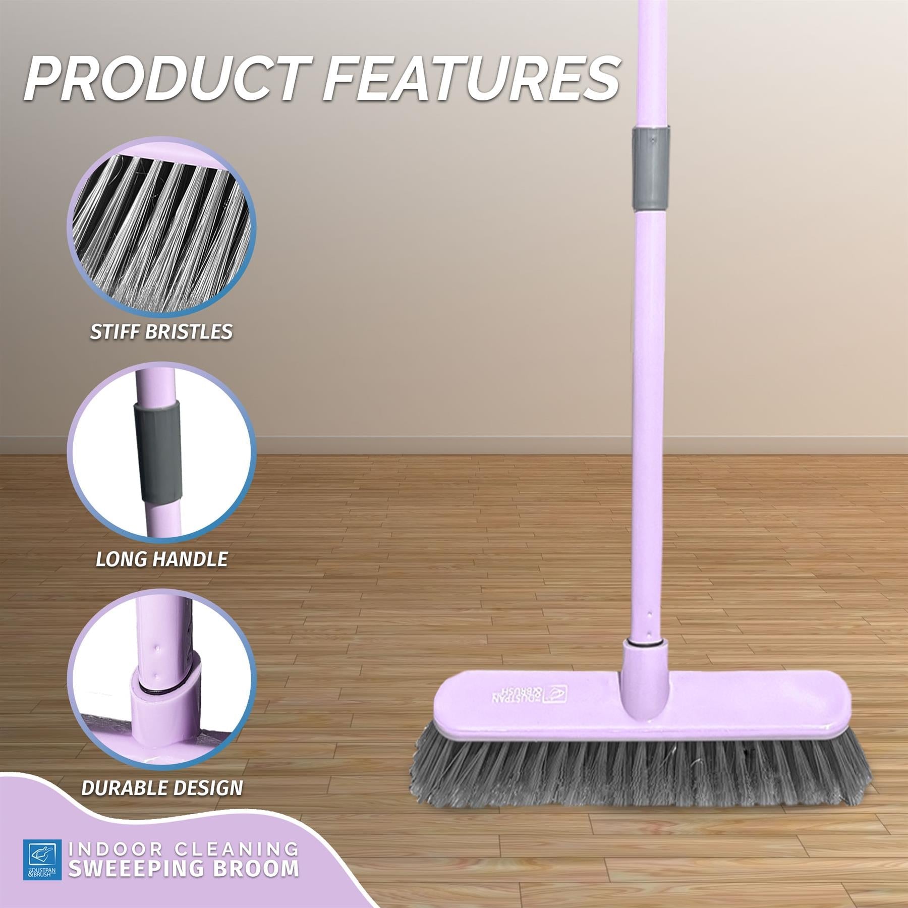 Indoor Sweeping Broom – Soft Bristle Floor Brush Duck Egg or Lilac