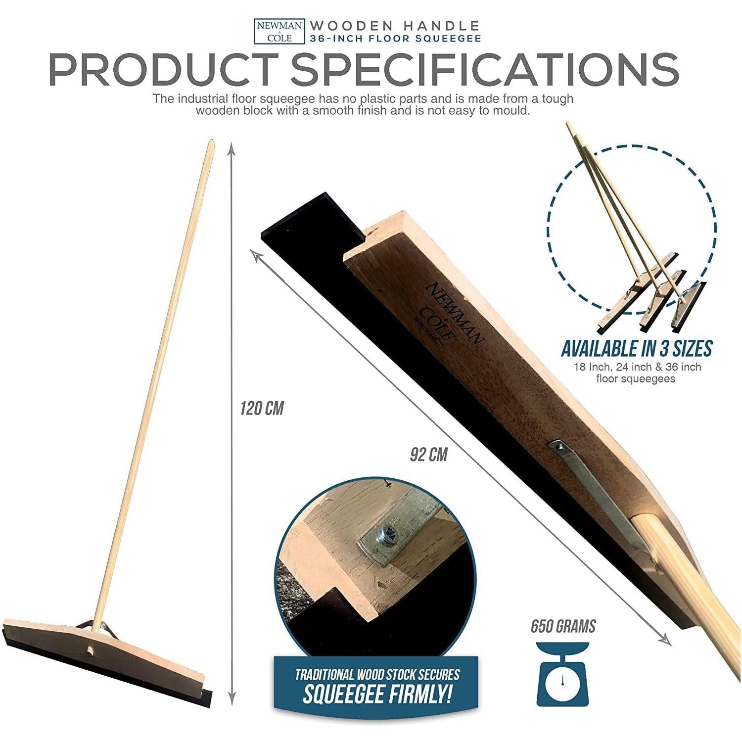36" Newman and Cole Wooden Floor Squeegee with Tapered Handle