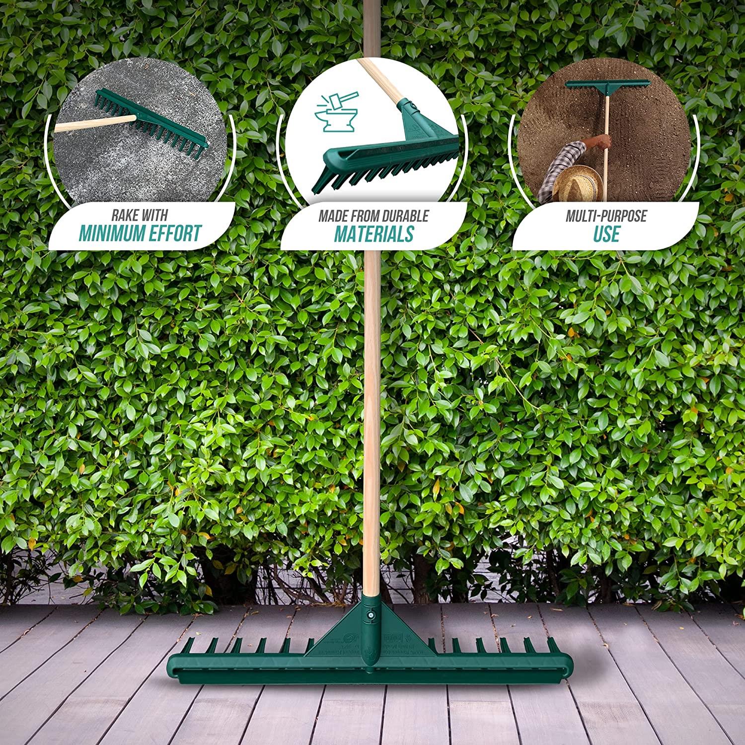 Big Plastic Rake Head with Wooden Handle – 70cm Garden Rake