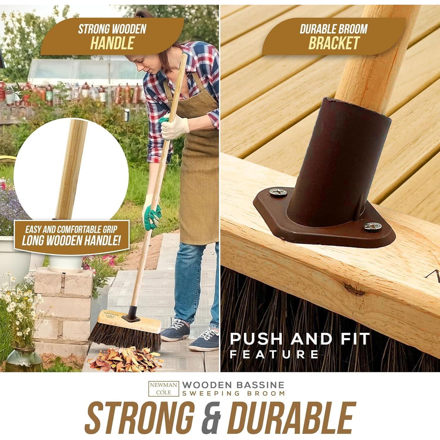 10" Stiff Bassine Brooms with Wooden Handles - Pack of 2