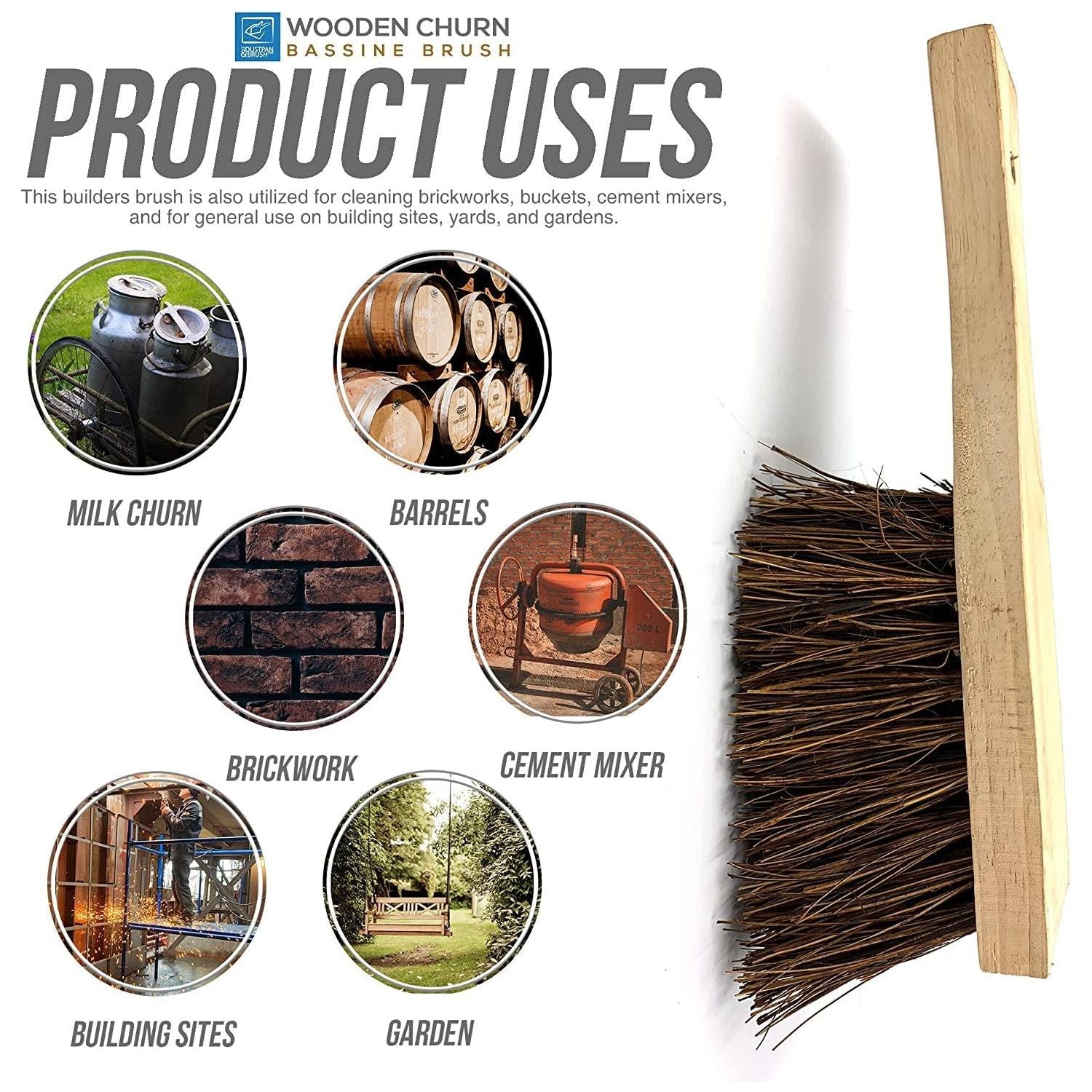 Traditional Wooden Churn Brush – Stiff Masonry & Brick Brush