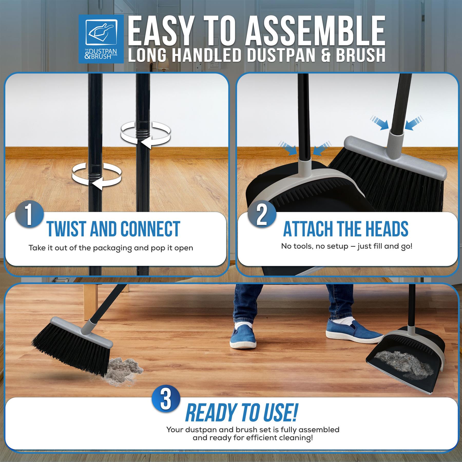 Long Handled Dustpan and Brush Set | No Bend Floor Sweeper