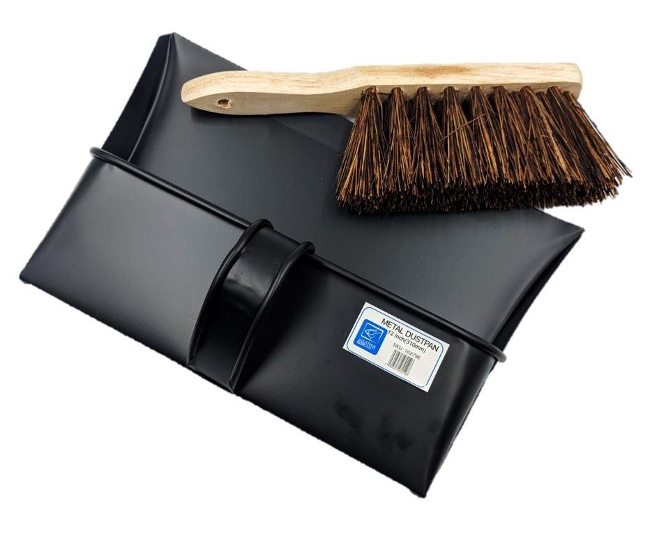 Metal Hooded Dustpan and Brush Set – Heavy Duty Stiff Hand Brush