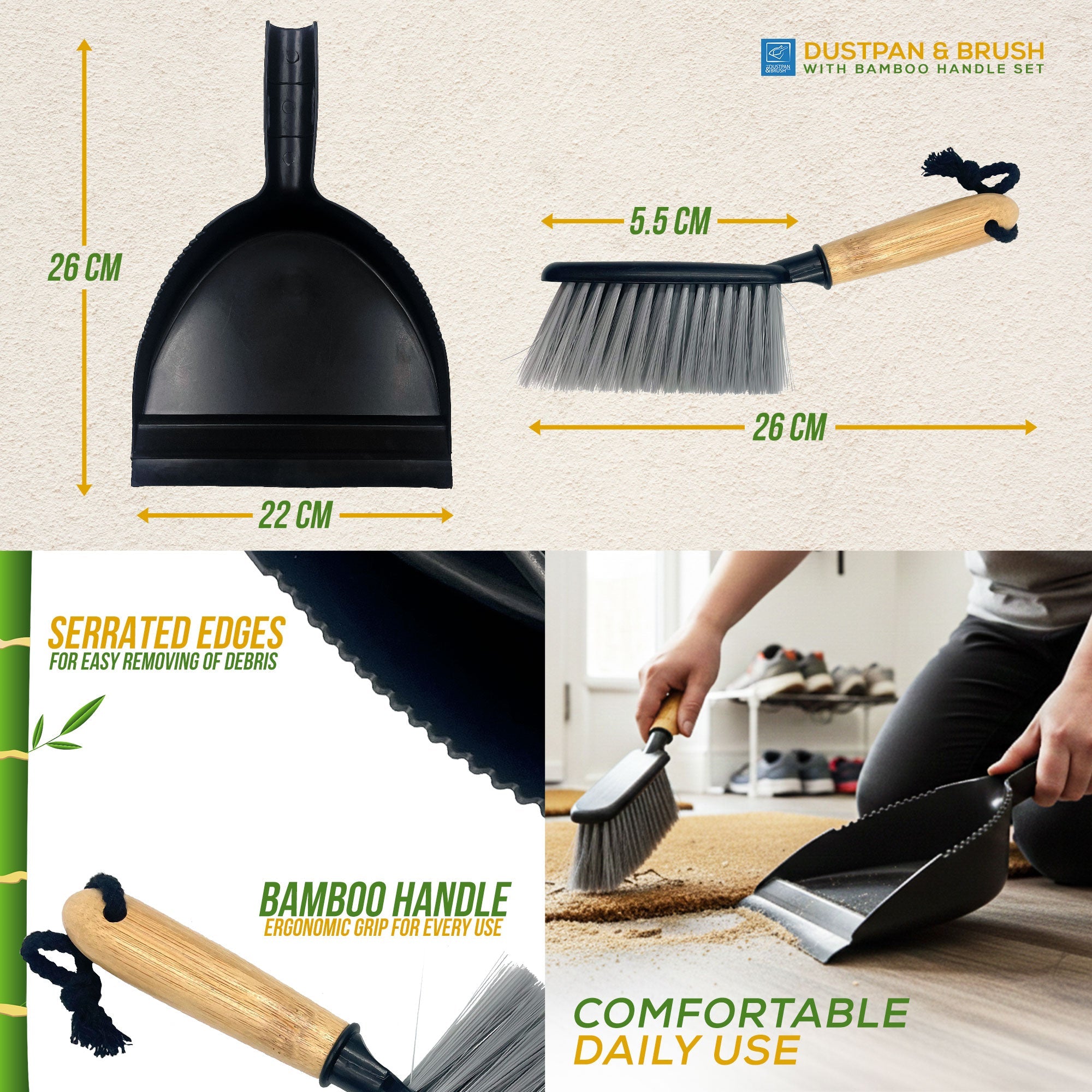 Black Dustpan and Brush Set | Bamboo Handle Sweeping Set