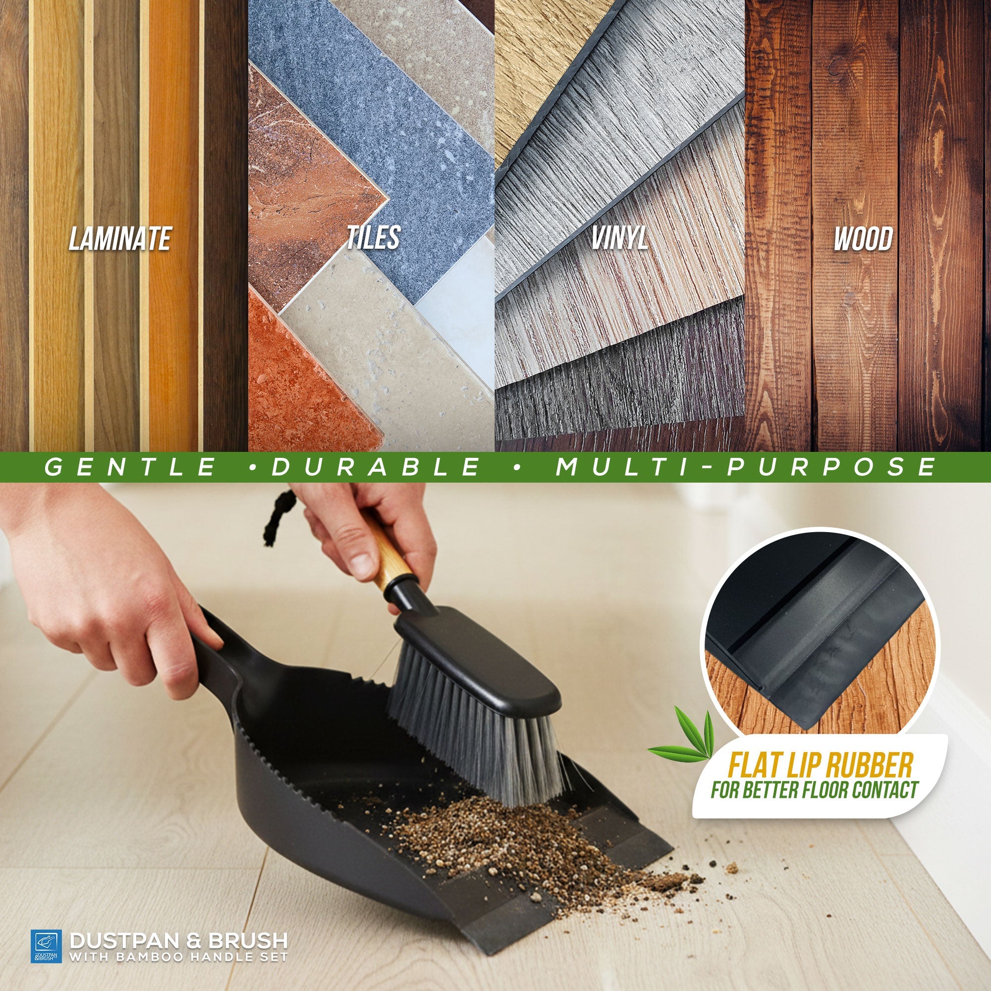 Black Dustpan and Brush Set | Bamboo Handle Sweeping Set