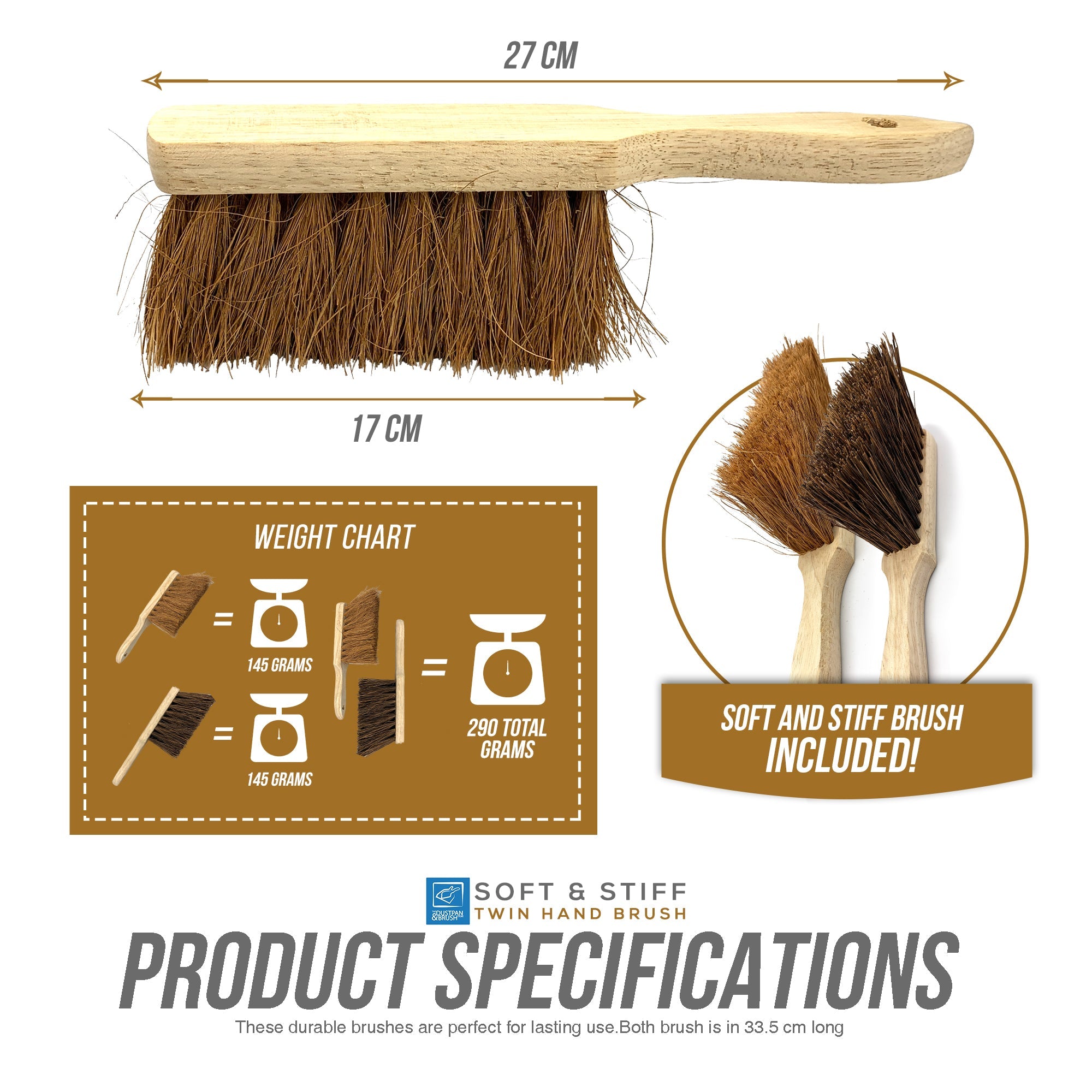 Sweeping Hand Brush Set | Soft Coco & Stiff Bassine Cleaning Brushes