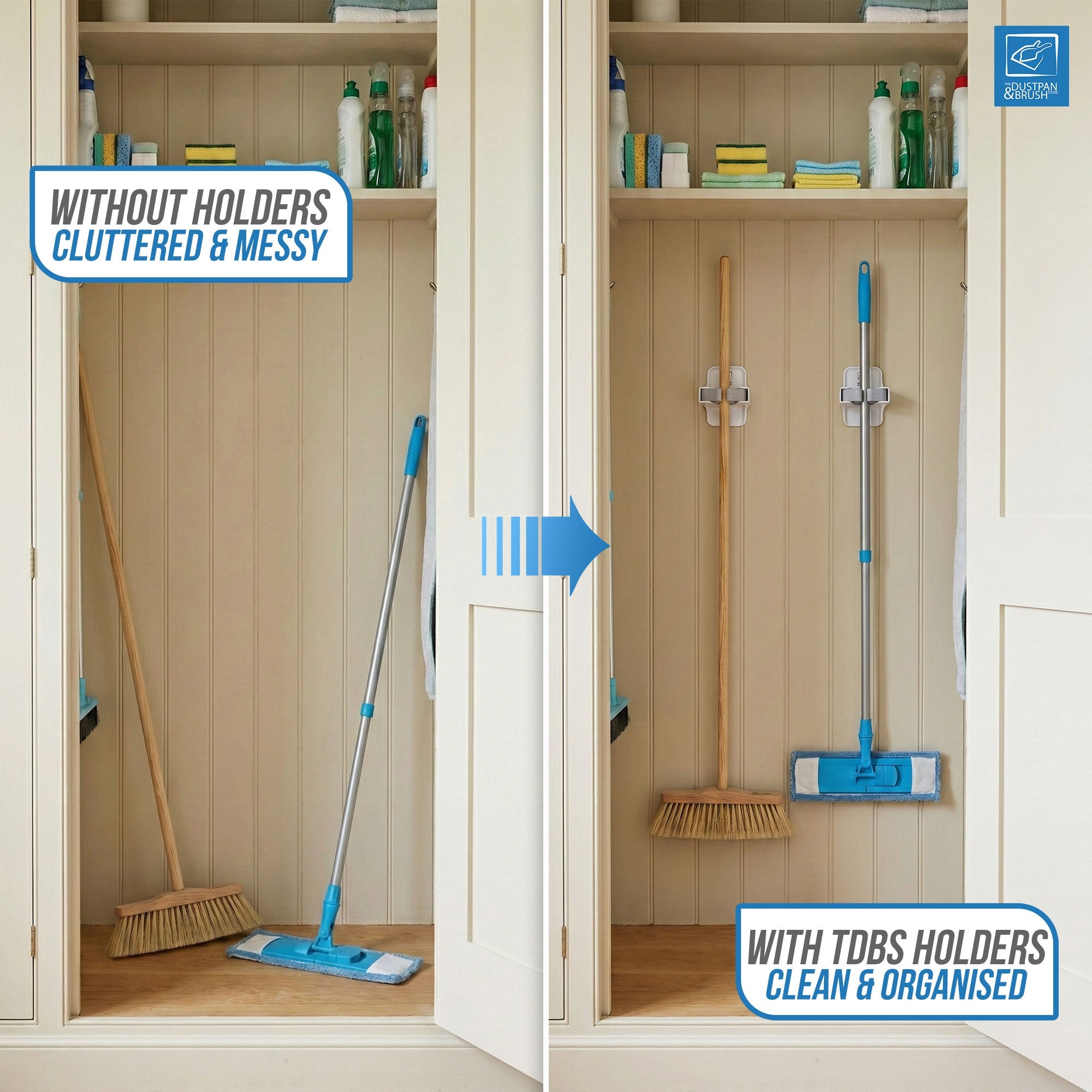 Broom & Mop Holder (Pack of 2) - Wall Mounted with Adhesive Grip