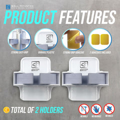 Broom & Mop Holder (Pack of 2) - Wall Mounted with Adhesive Grip