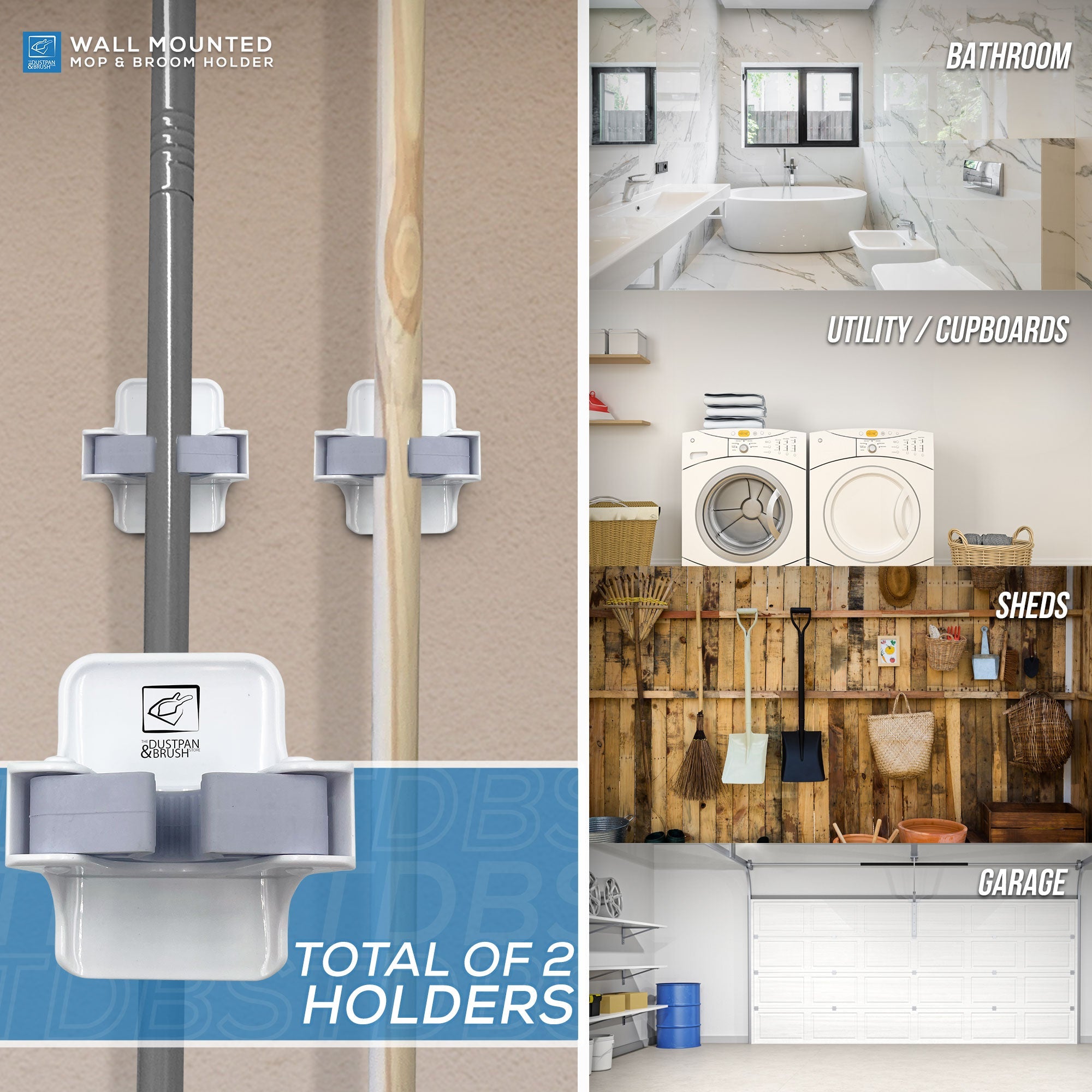 Broom & Mop Holder (Pack of 2) - Wall Mounted with Adhesive Grip