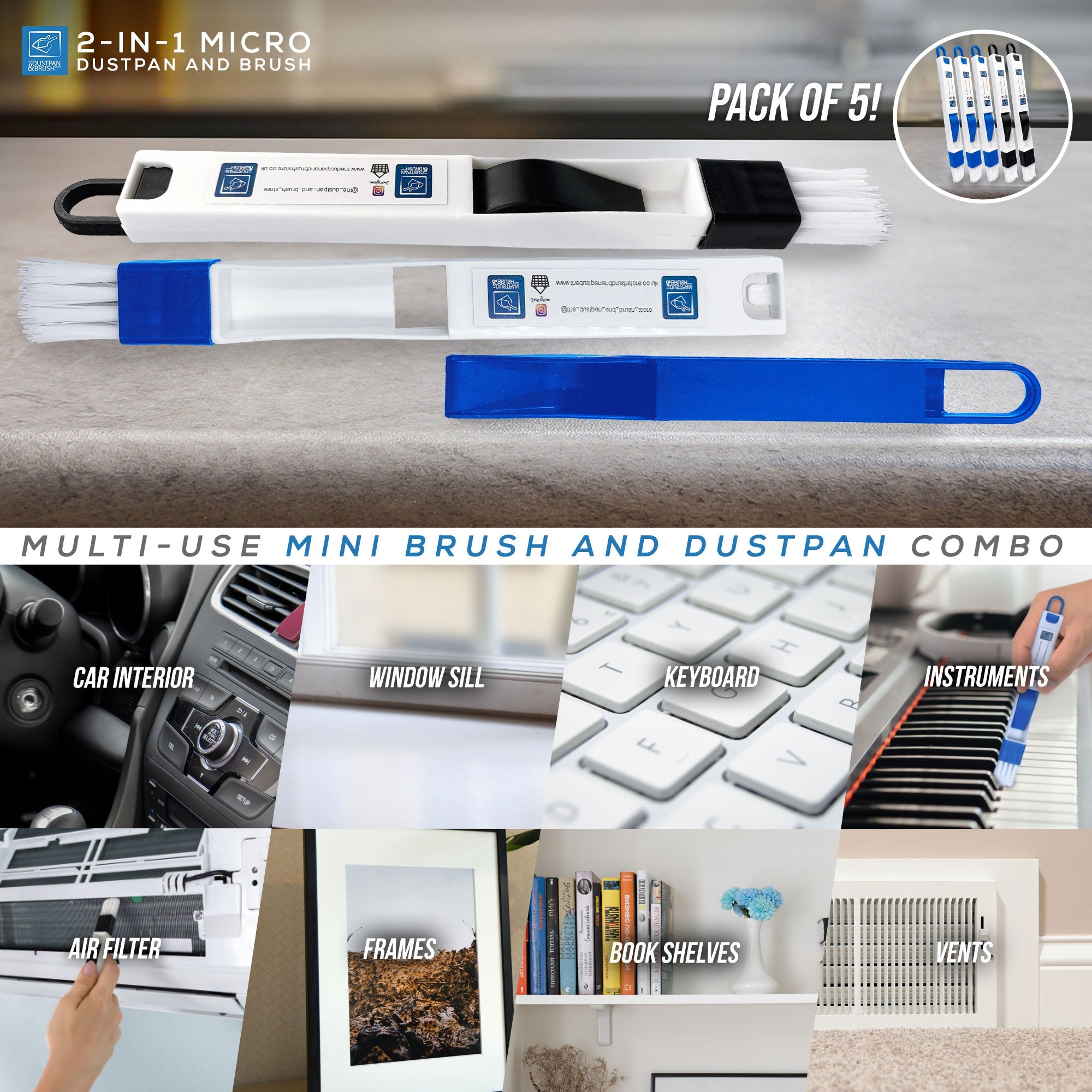 Mini Dustpan and Brush Set 5 Colour Detail Brushes