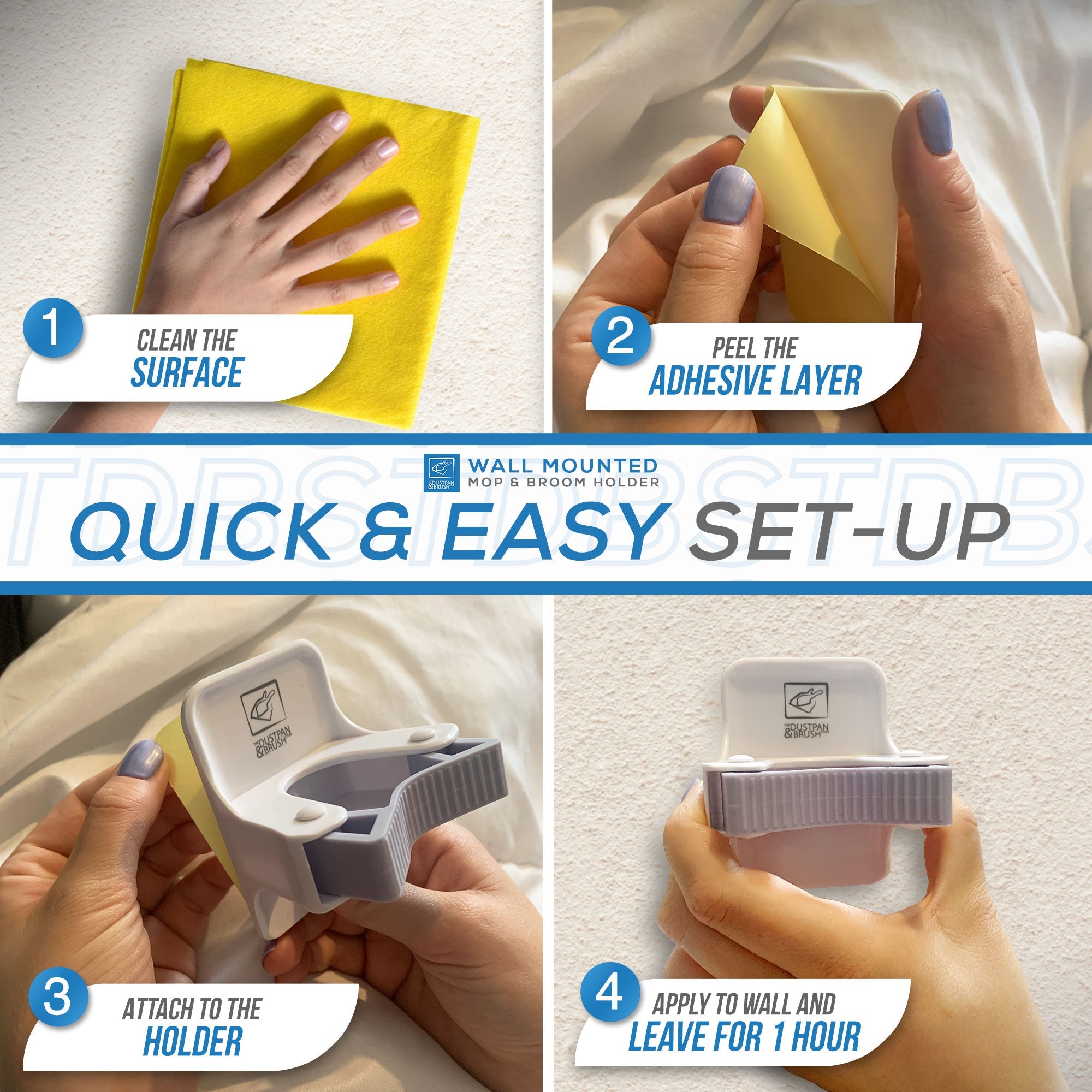 Broom & Mop Holder (Pack of 2) - Wall Mounted with Adhesive Grip