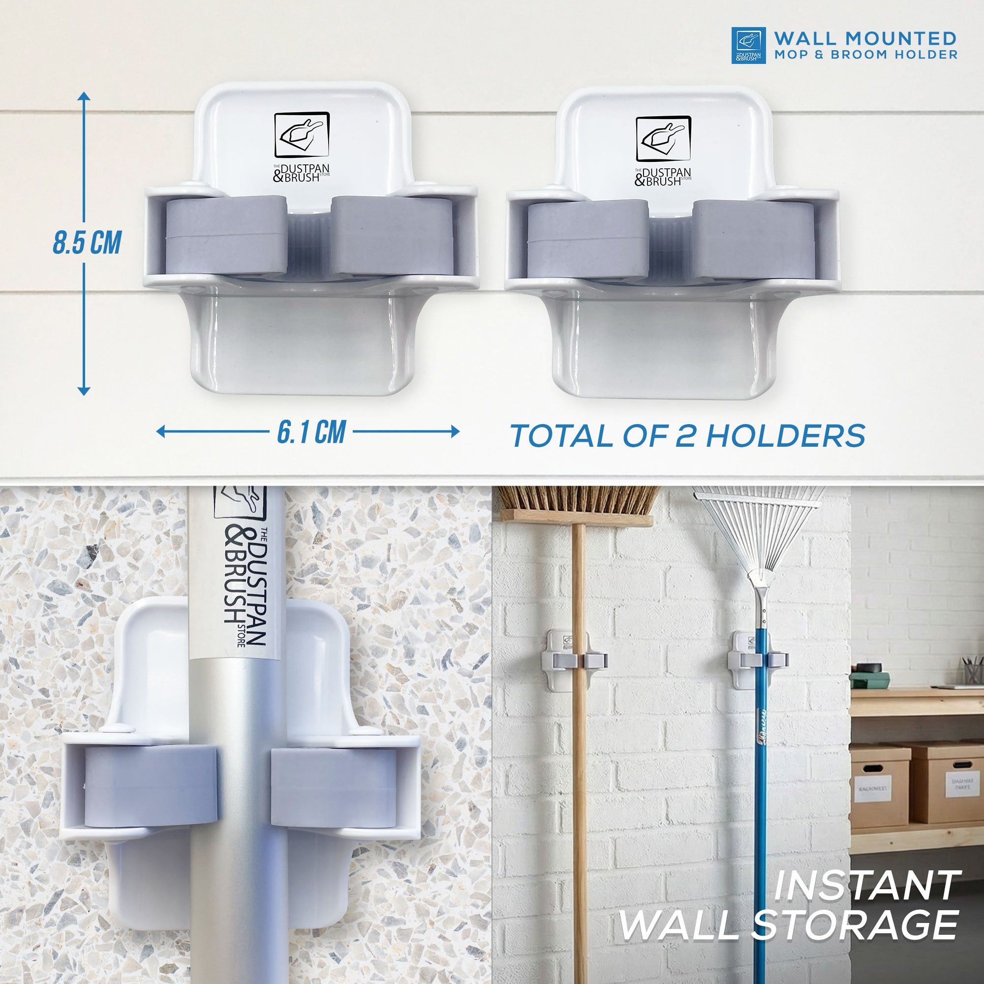 Broom & Mop Holder (Pack of 2) - Wall Mounted with Adhesive Grip