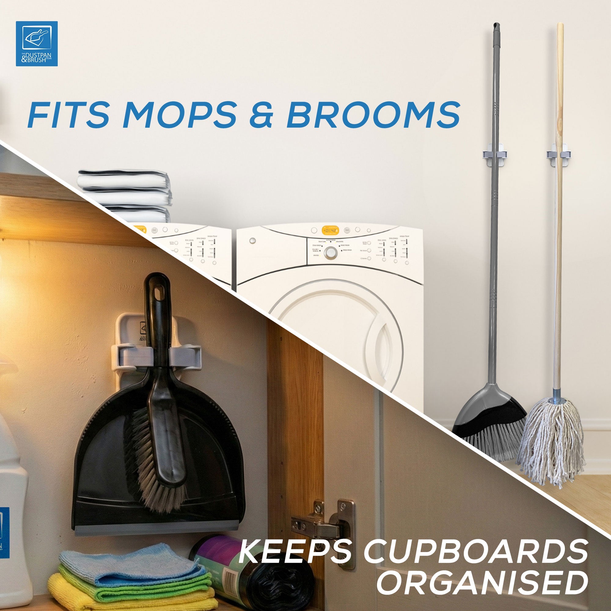 Broom & Mop Holder (Pack of 2) - Wall Mounted with Adhesive Grip