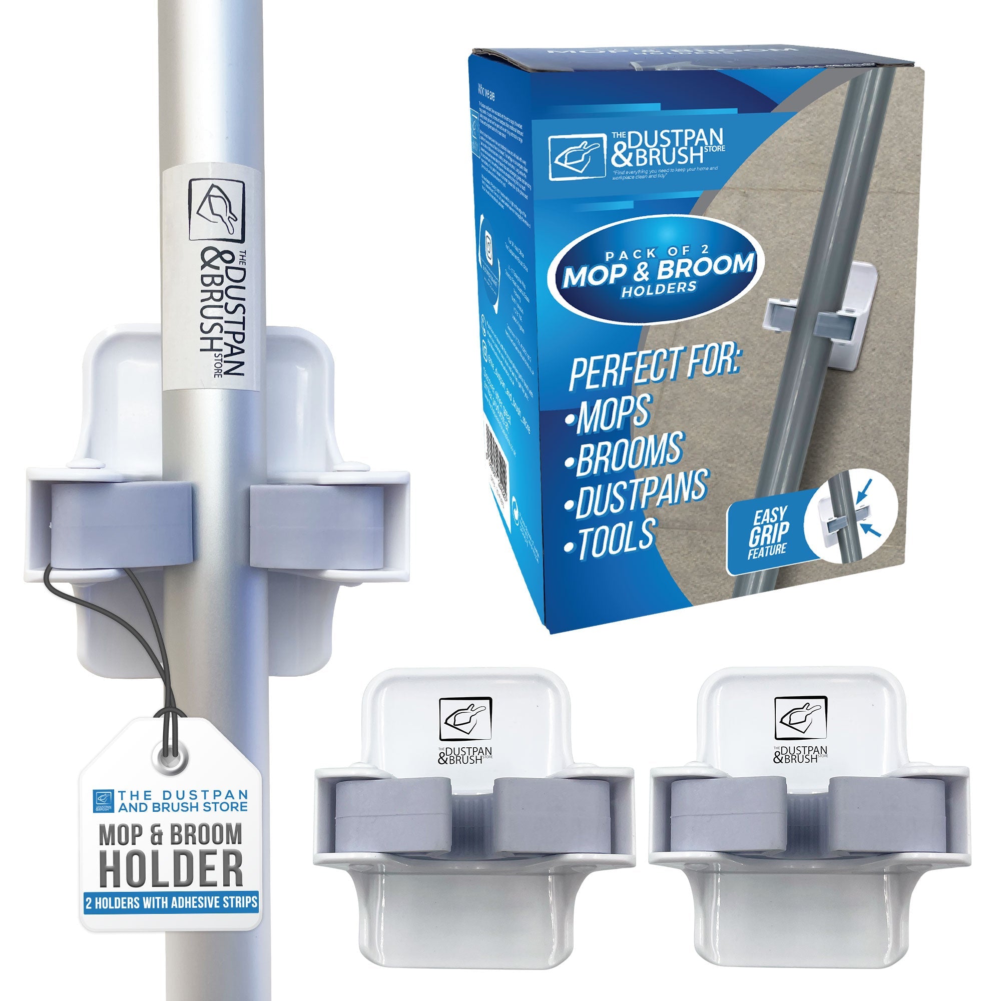 Broom & Mop Holder (Pack of 2) - Wall Mounted with Adhesive Grip