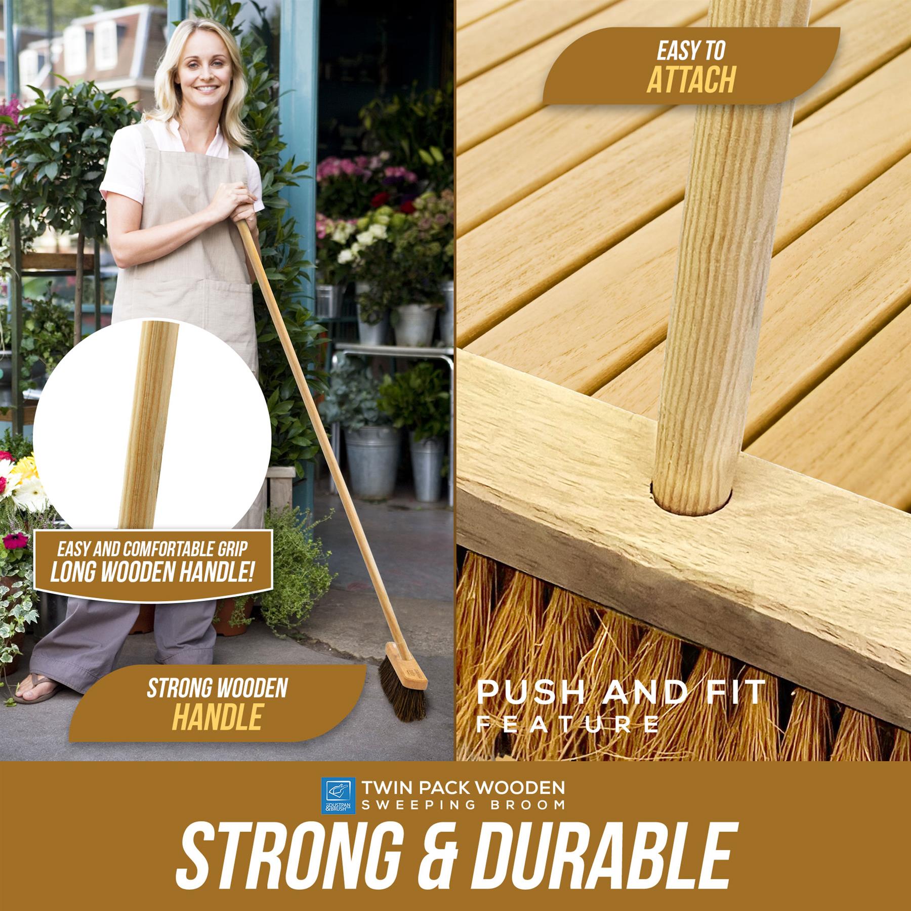 Twin Pack 10" Wooden Garden Brooms – Soft Coco & Stiff Bassine