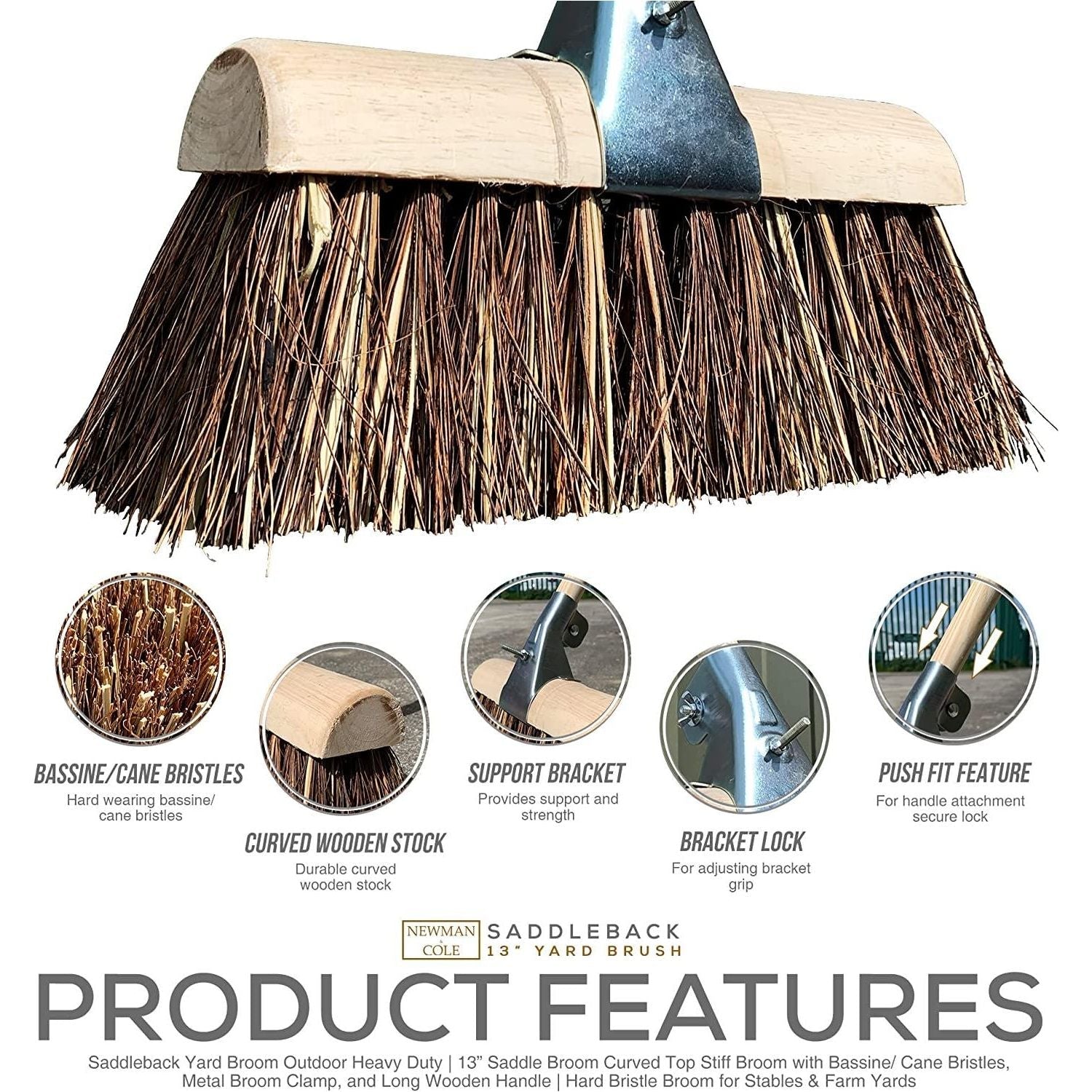 13" Newman & Cole Saddleback Yard Broom | Bass & Cane Stiff Outdoor Brush