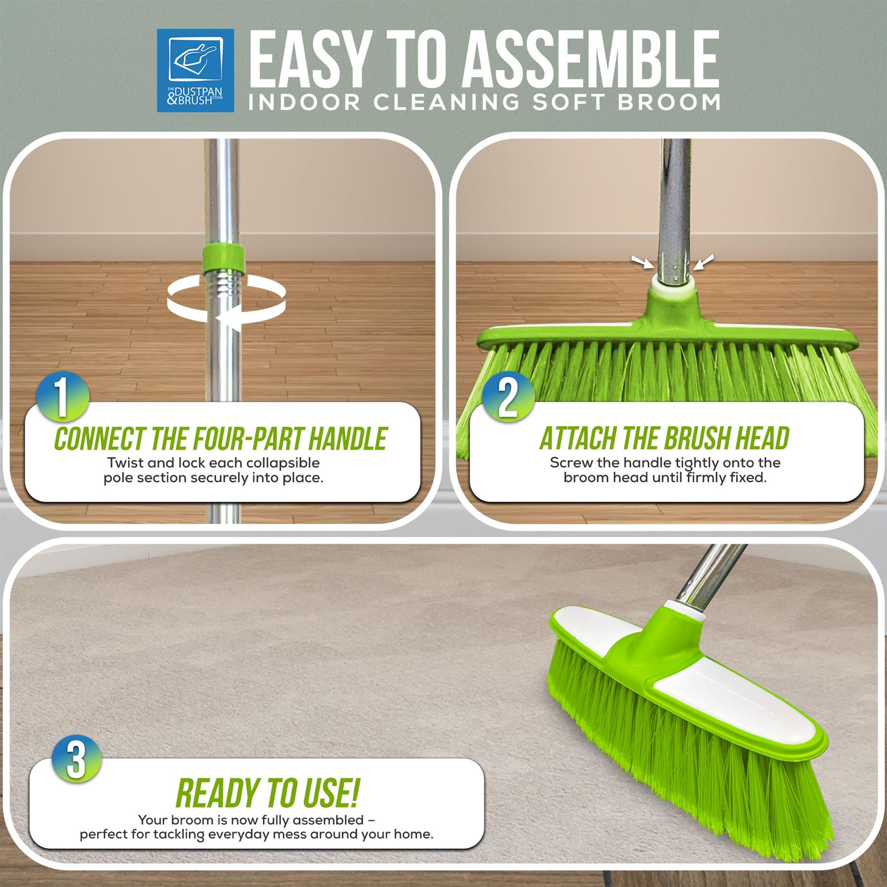 Green & White Soft Indoor Broom with 4 Piece Steel Handle