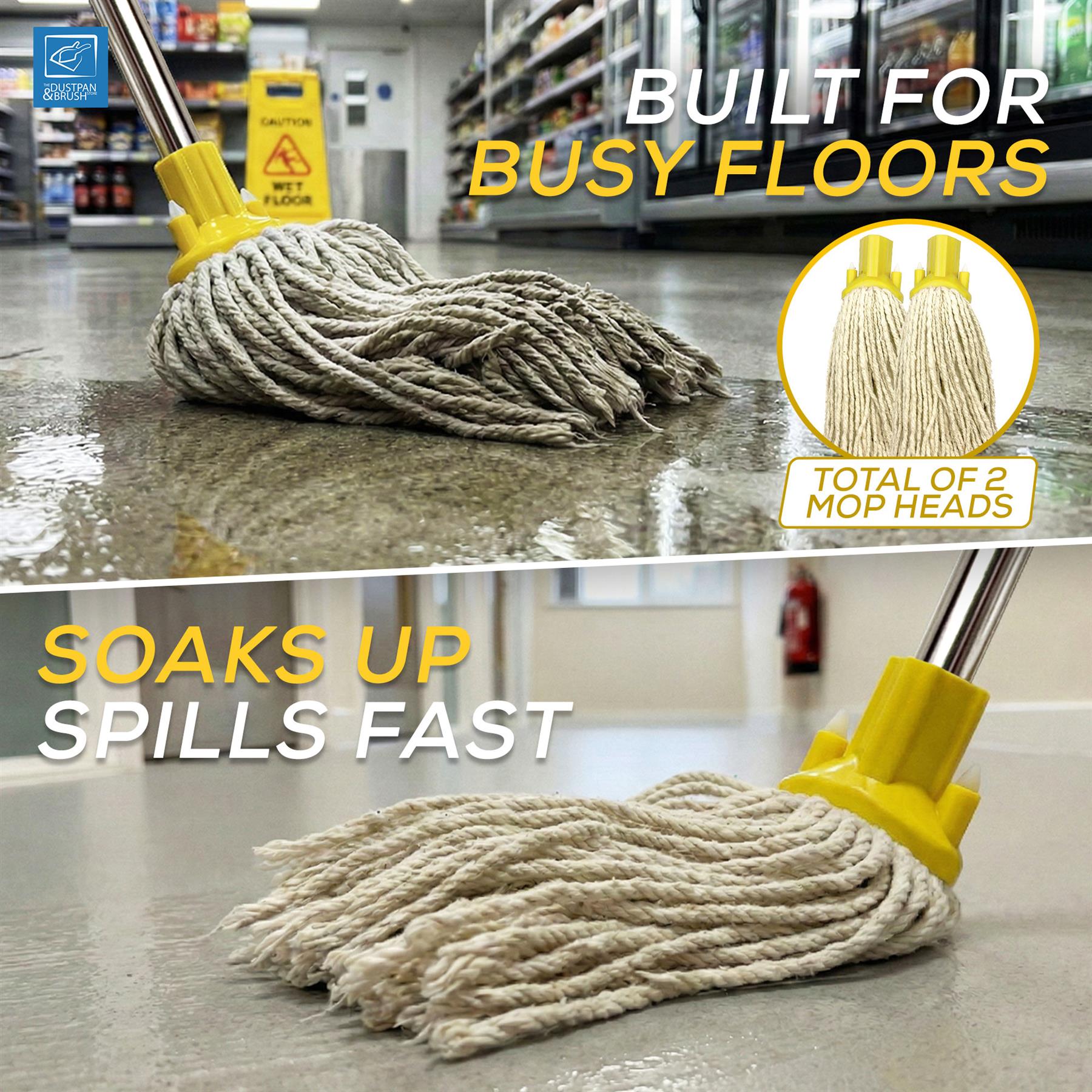 Yellow Mop Bucket Set with 2 Cotton Mop Heads & Handle