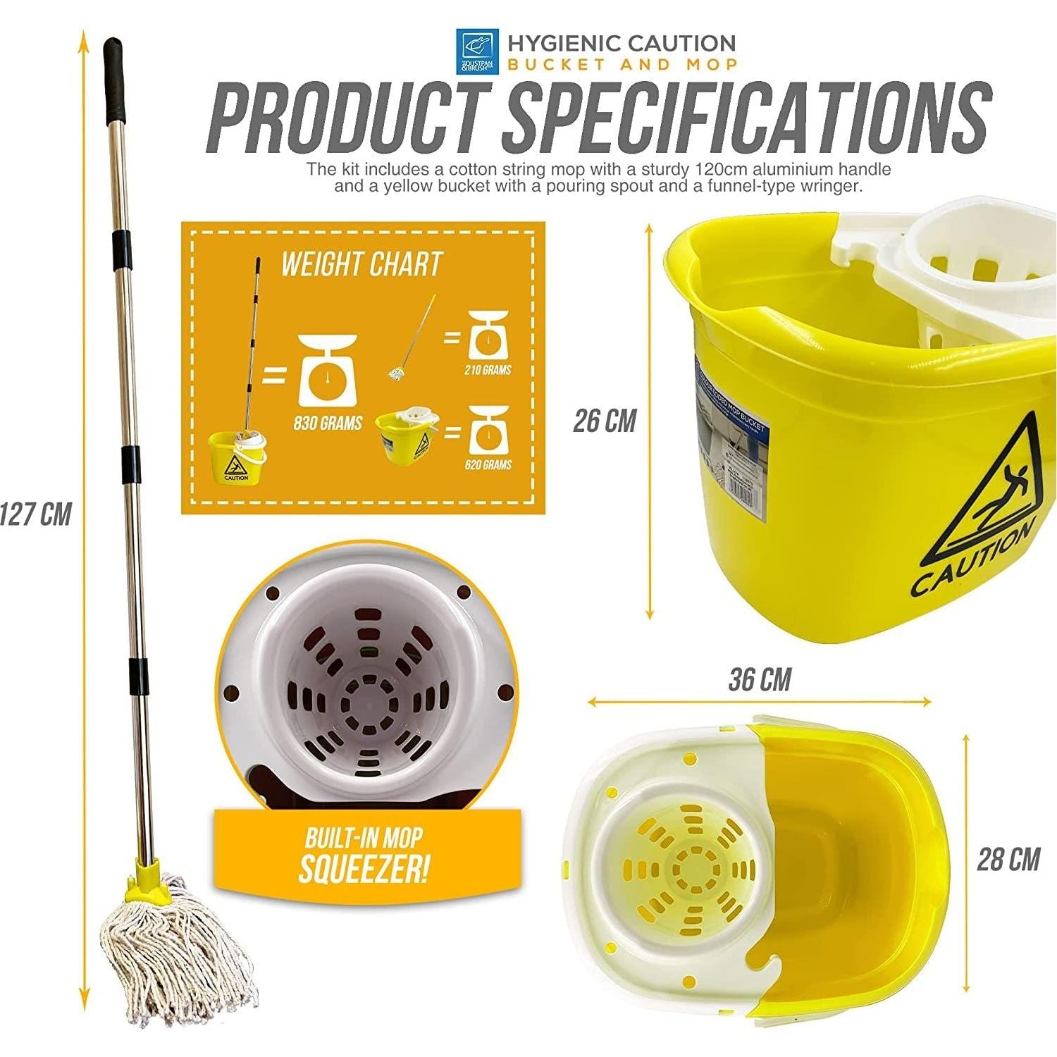 Yellow & White Caution Mop Bucket and Mop Set | 12L