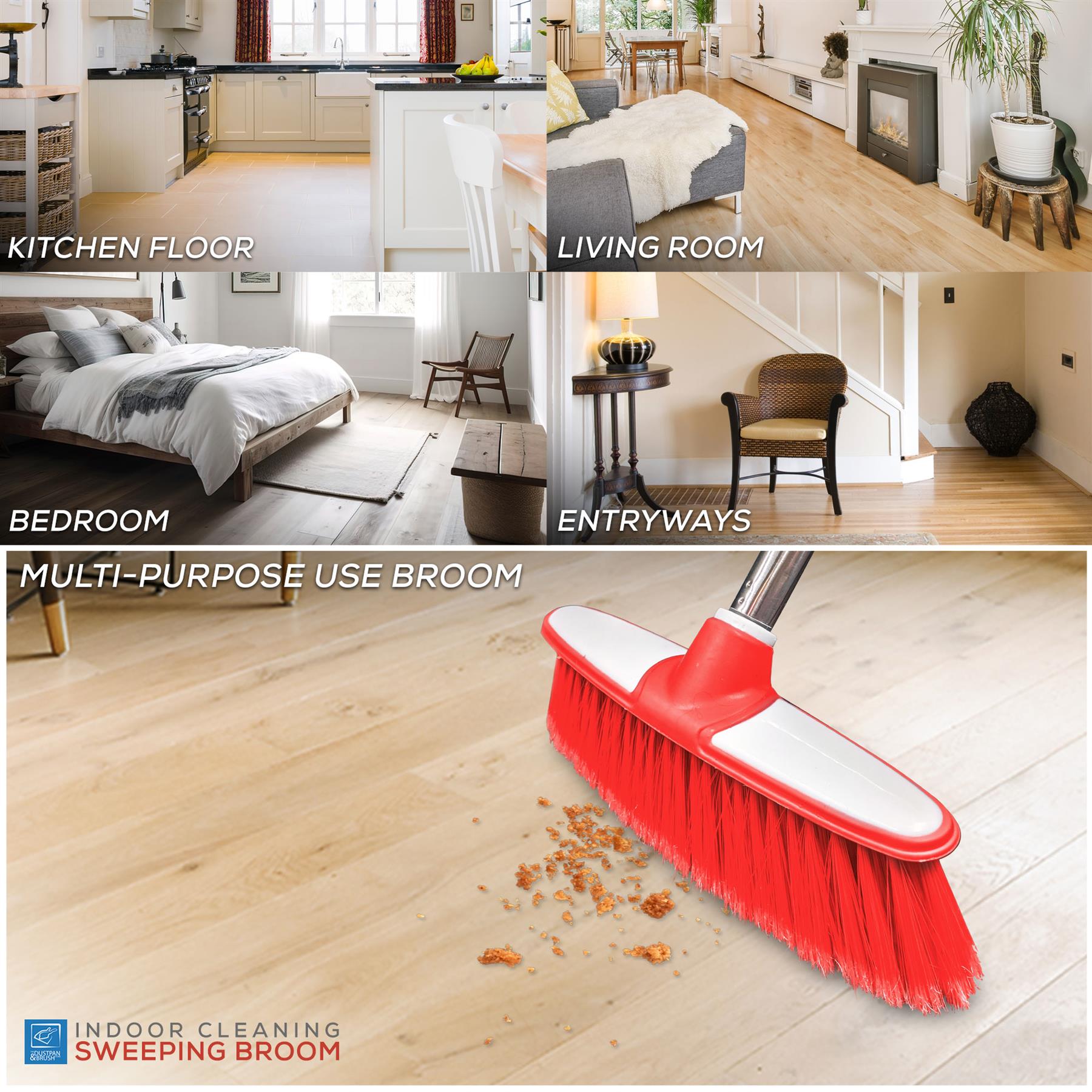 Red & White Indoor Broom with 4 Piece Stainless Steel Handle