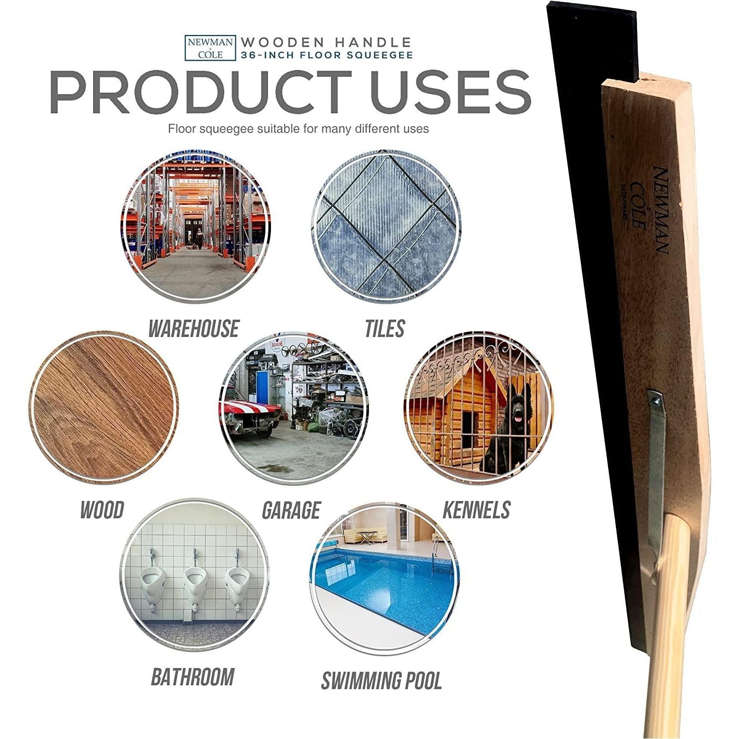 24" Newman and Cole Wooden Floor Squeegee with Tapered Handle