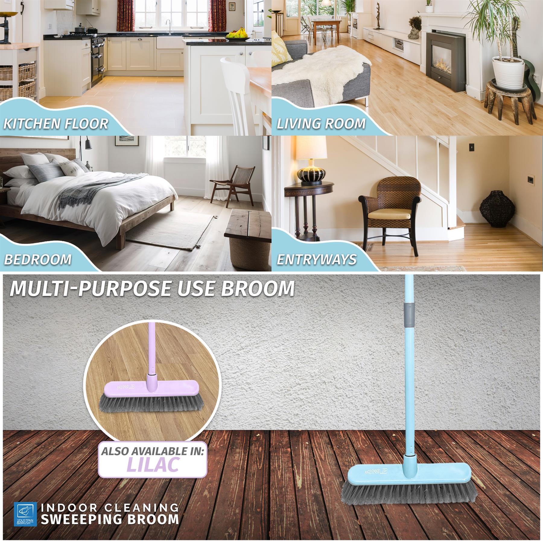 Indoor Sweeping Broom – Soft Bristle Floor Brush Duck Egg or Lilac