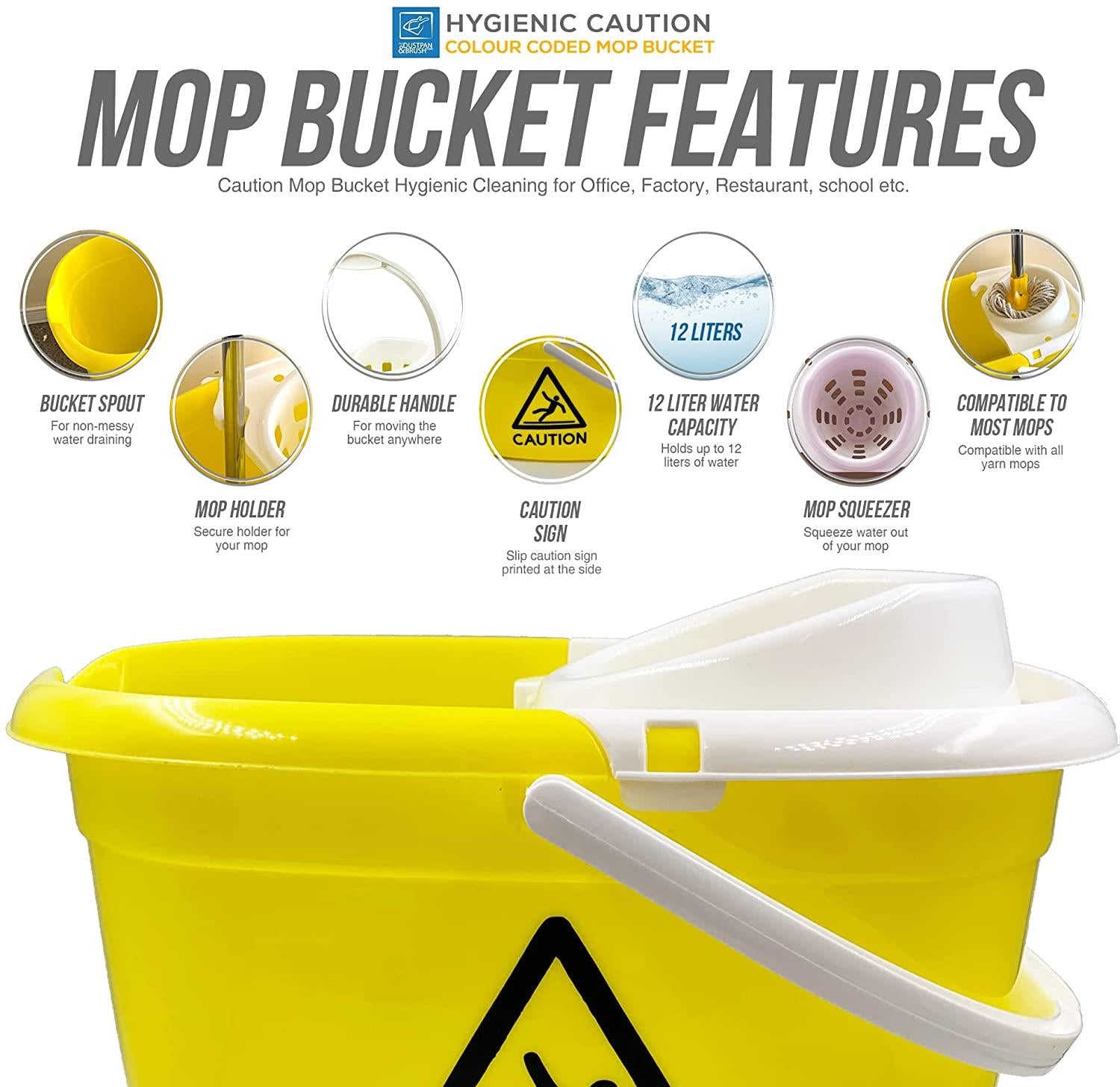 Colour Coded 12L Caution Mop Bucket with Wringer