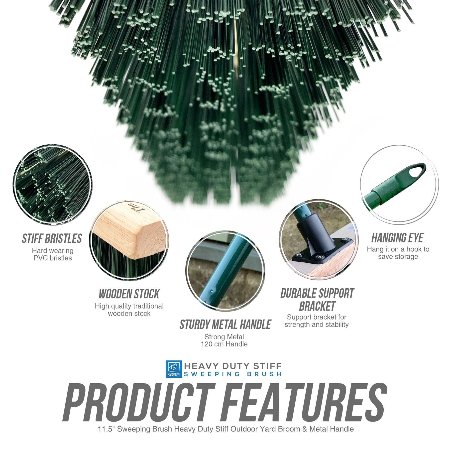 11" Green Stiff PVC Bristle Broom and Screw Fit Metal Handle