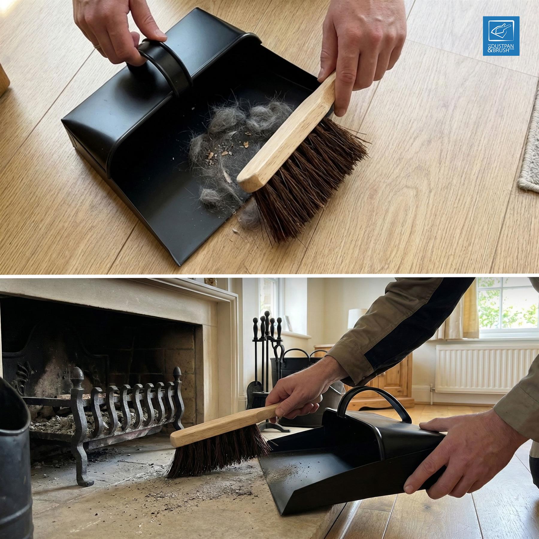 Metal Hooded Dustpan and Brush Set – Heavy Duty Stiff Hand Brush