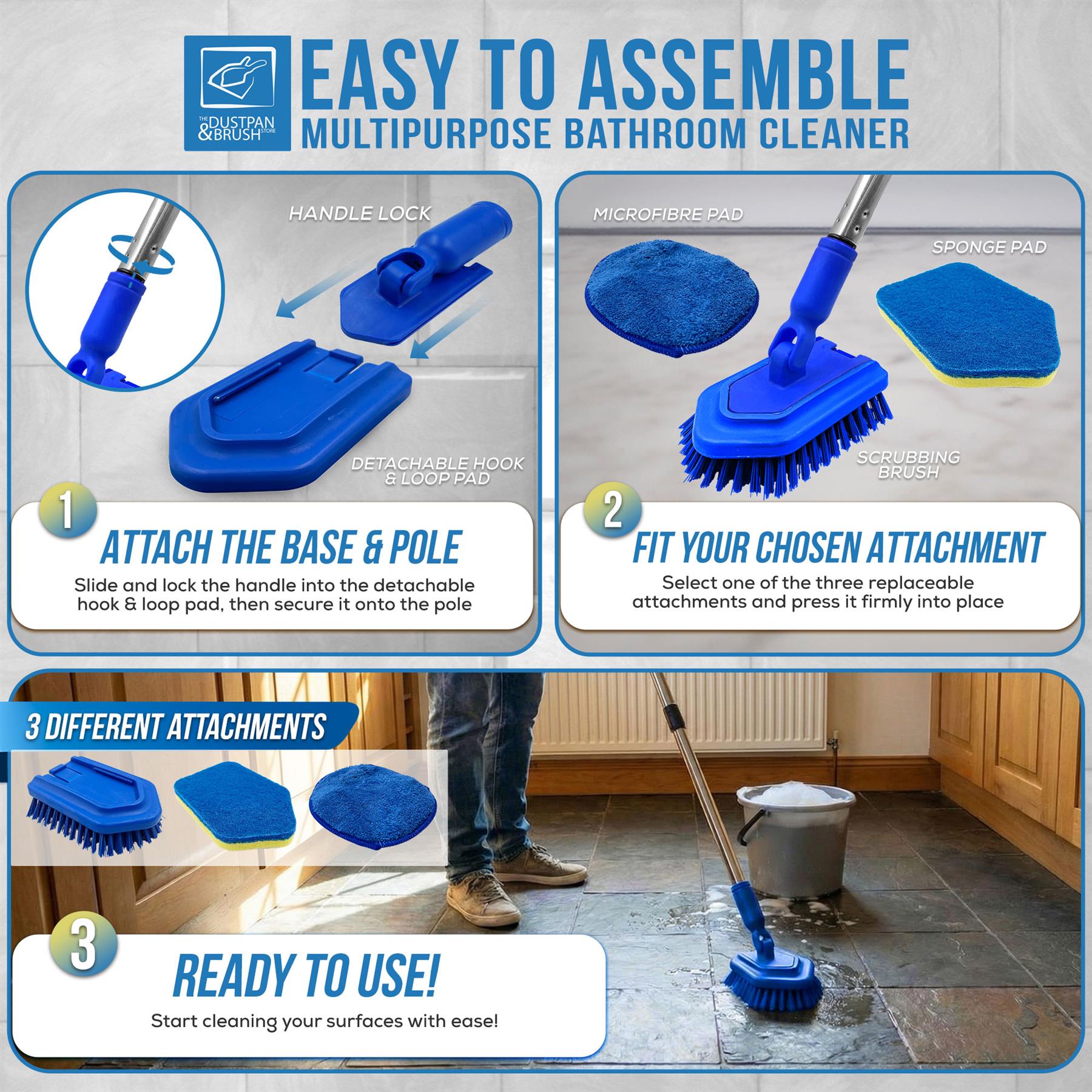 3-in-1 Bathroom Cleaning Set with 4 Piece Long Handle