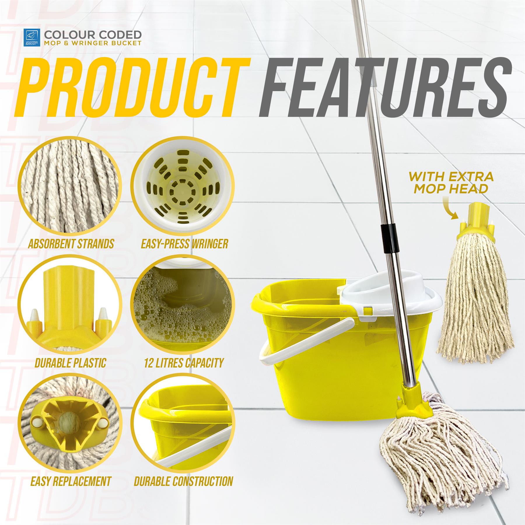 Yellow Mop Bucket Set with 2 Cotton Mop Heads & Handle