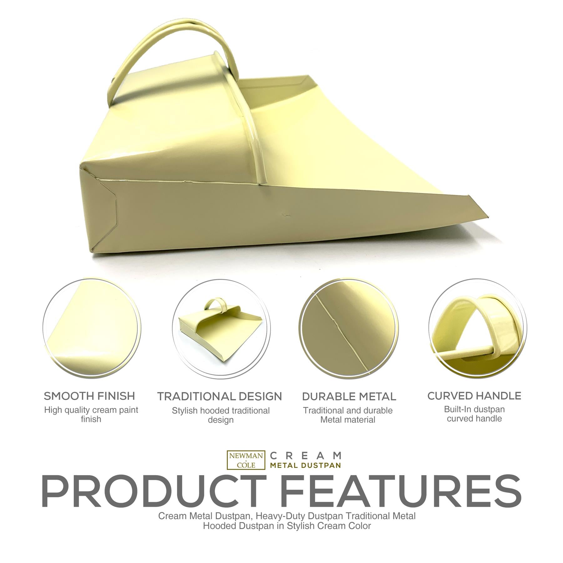 Cream Metal Hooded Dustpan | Traditional Heavy Duty Dustpan