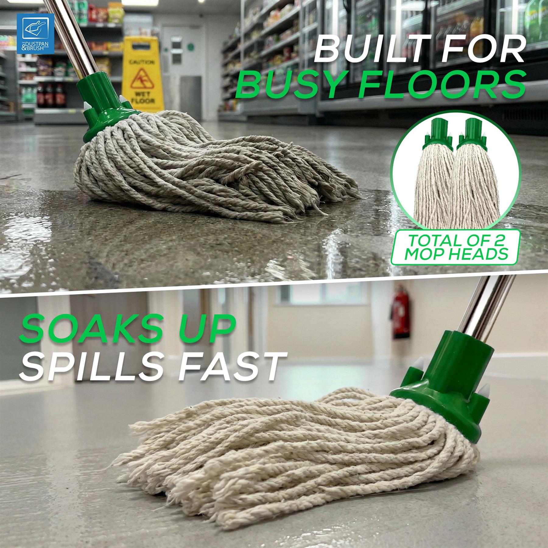 Green Mop Bucket Set with 2 Cotton Mop Heads & Handle