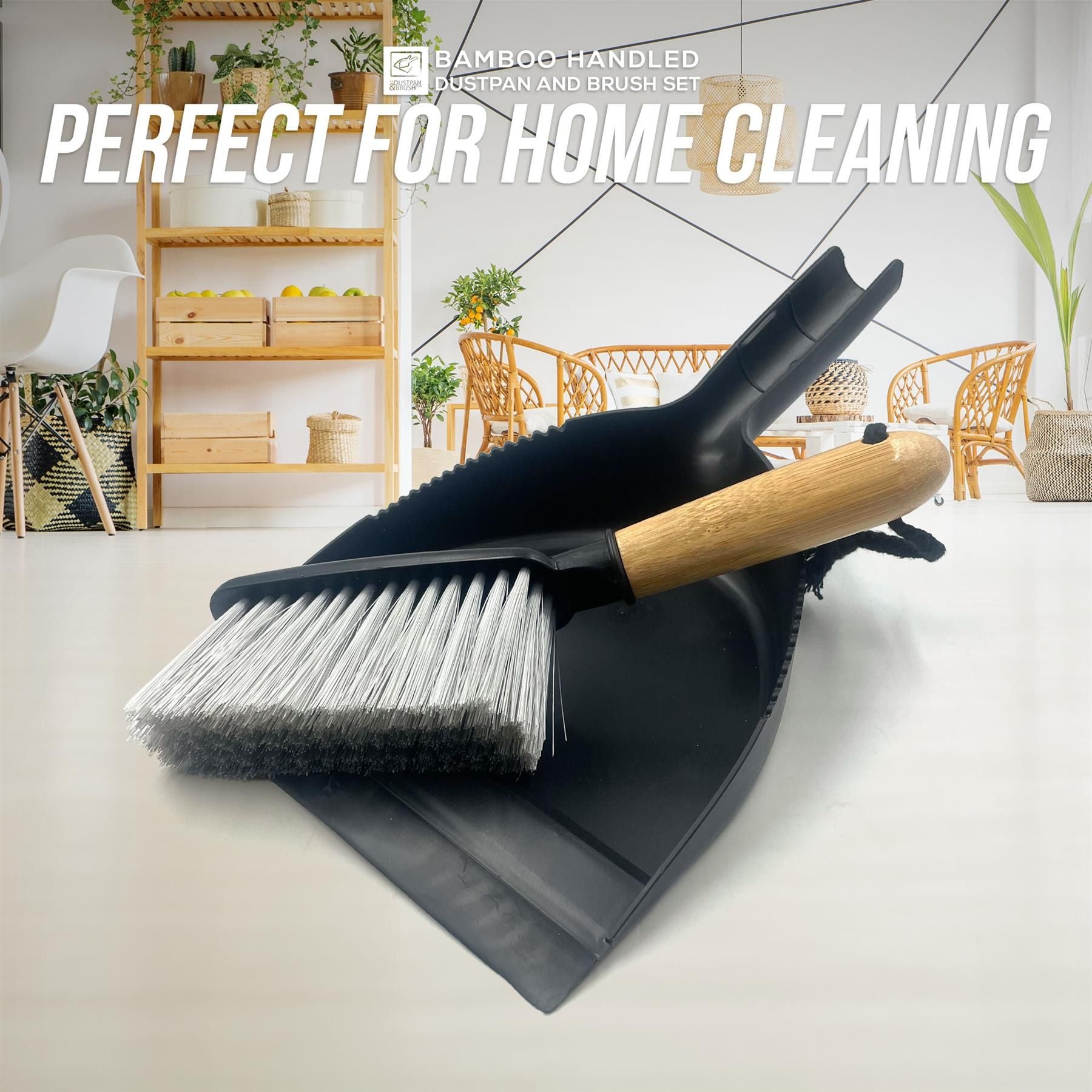 Black Dustpan and Brush Set | Bamboo Handle Sweeping Set
