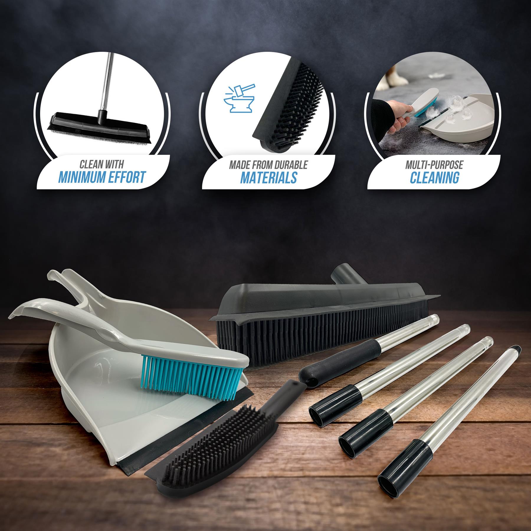 Rubber Broom, Hand Brush & Dustpan Set for Pet Hair
