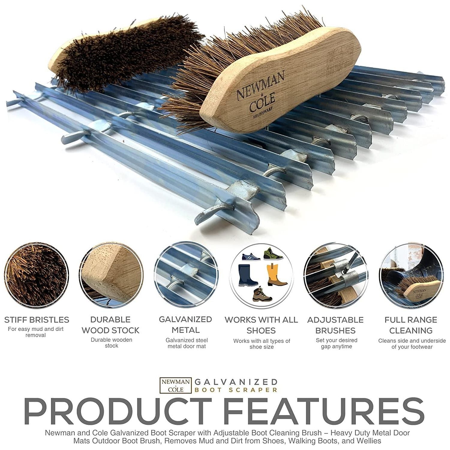 Newman and Cole Galvanised Boot Mat Scraper with 2 Brushes